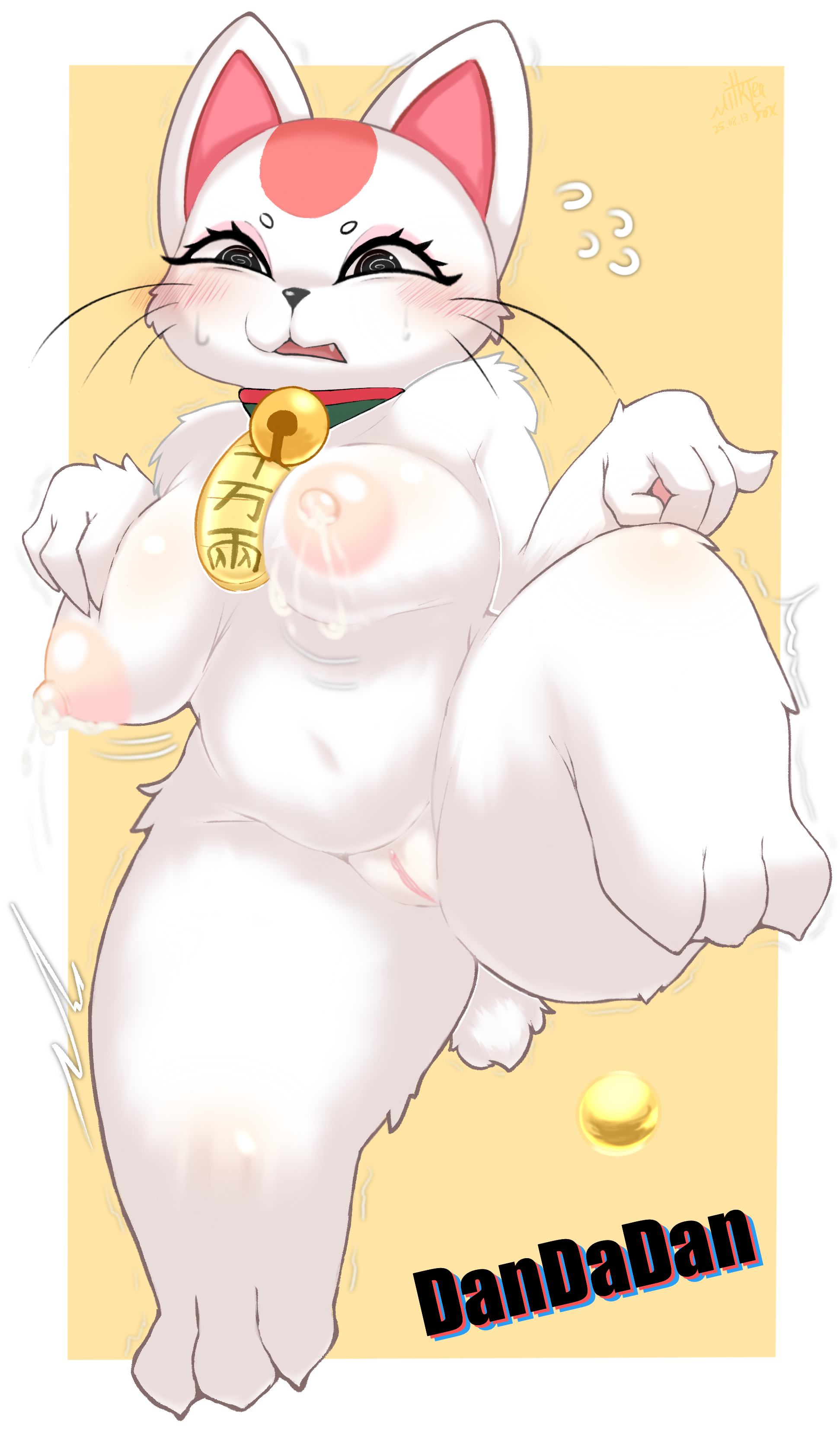 absurd res, anthro, areola, bell, blush, bodily fluids, breasts, dandadan, domestic cat, felid, feline, felis, female, genitals, hi res, lactating, mammal, maneki-neko, milkteafox, nipples, nude, pussy, simple background, solo, thick thighs, turbo granny (dandadan), vulva, white body