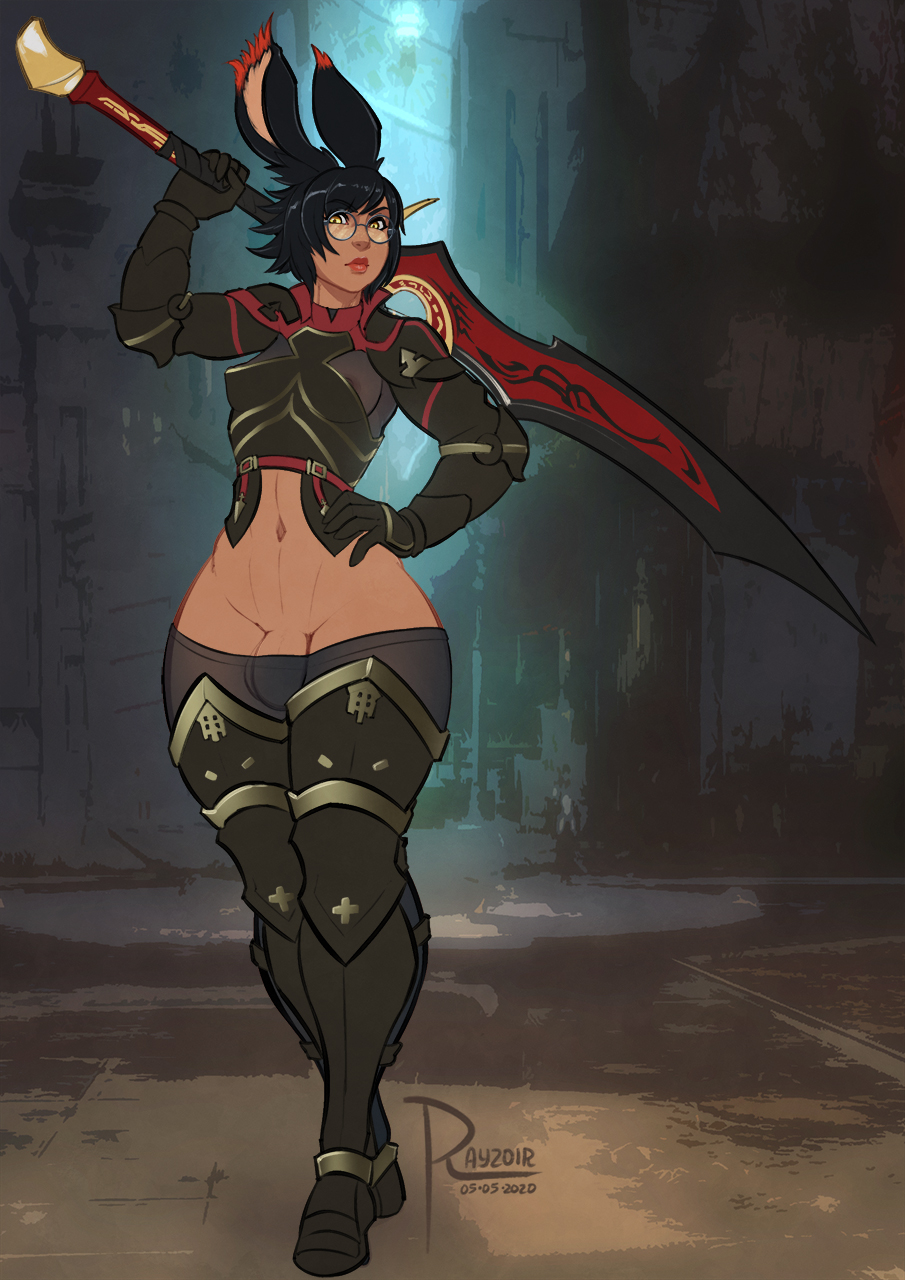 1futa, animal ears, armor, balls, balls bulge, balls under clothes, breasts, bunny ears, clothed, clothing, dark skin, dark-skinned futa, final fantasy, final fantasy xiv, flaccid, full body, futa only, futanari, glasses, half-dressed, humanoid, humanoid penis, intersex, legwear, navel, panties, partially clothed, penis, penis bulge, penis under clothes, rayzoir, solo, standing, thick thighs, viera, weapon, wide hips