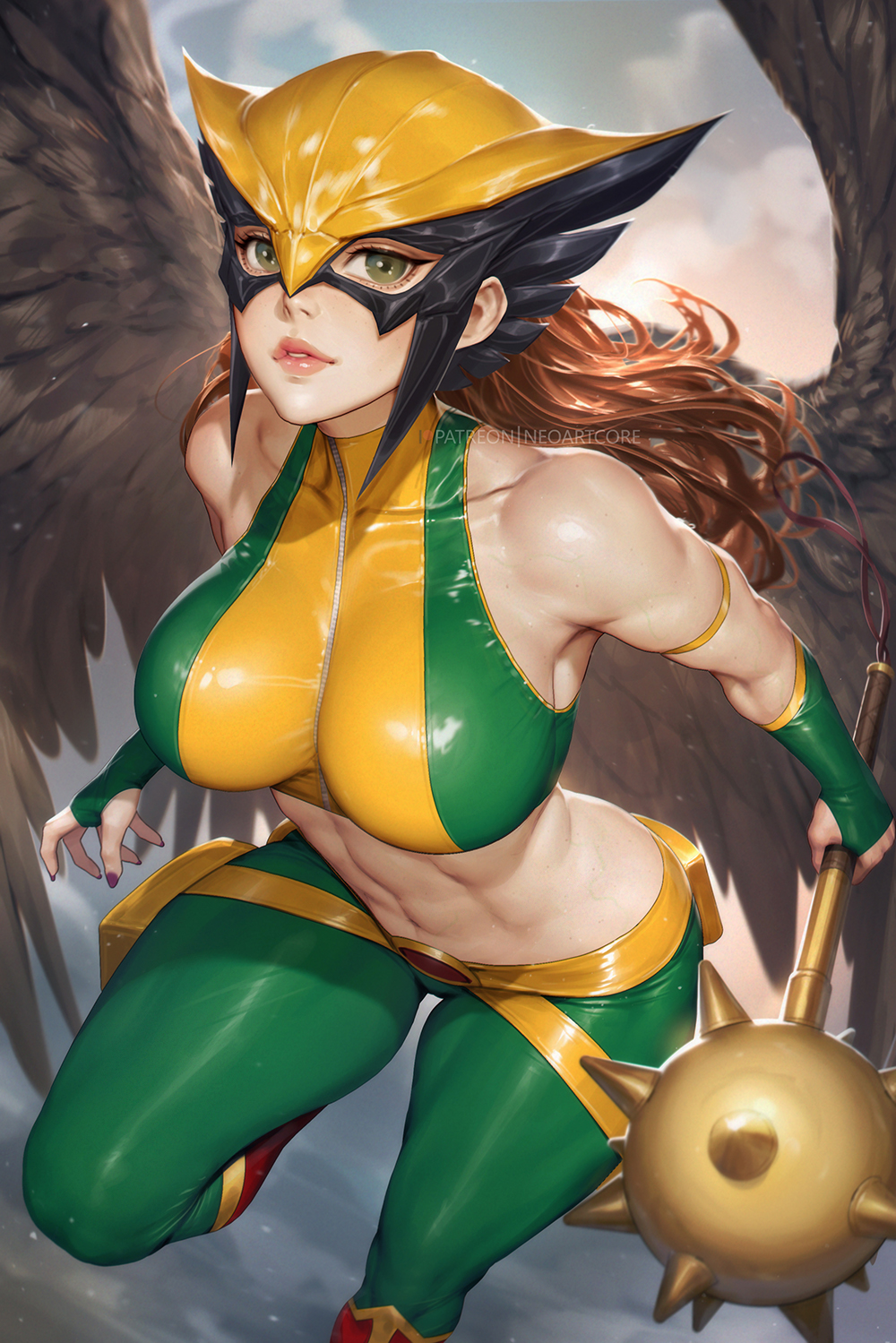 abs, breasts, brown hair, brown wings, cloud, collarbone, dc, dc comics, english commentary, feathered wings, female, green eyes, hawkgirl, highres, holding, holding mace, holding weapon, large breasts, lips, mace, mask, mixed-language commentary, neoartcore, parted lips, patreon username, pouch, purple nails, sky, sleeveless, solo, spiked mace, spikes, thai commentary, thigh pouch, weapon, wings, zipper