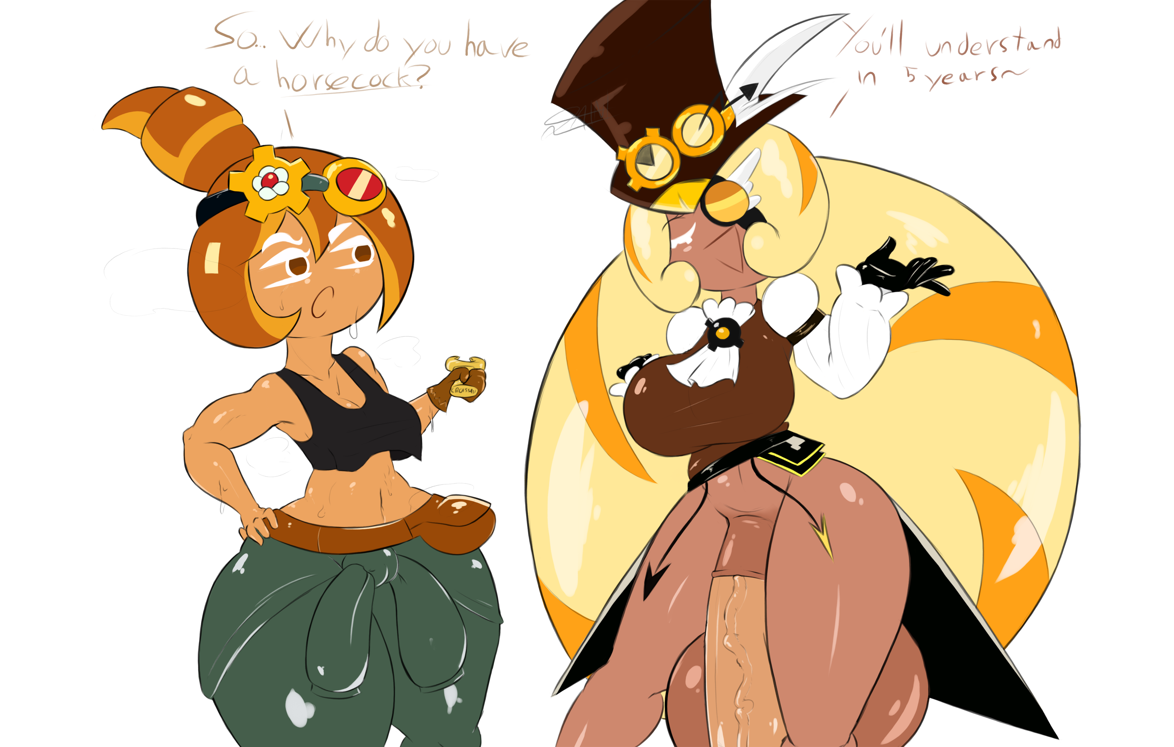 1futa, 1girls, animal penis, ass, balls, bottomless, breasts, clothed, clothing, cookie run, croissant cookie, dialogue, dickgirl, female, food humanoid, futanari, horsecock, huge ass, huge balls, huge breasts, huge cock, humanoid, hyper, hyper ass, hyper balls, hyper penis, intersex, not paint, partially clothed, penis, selfcest, standing, text, thick thighs, timekeeper cookie, veiny penis, wide hips