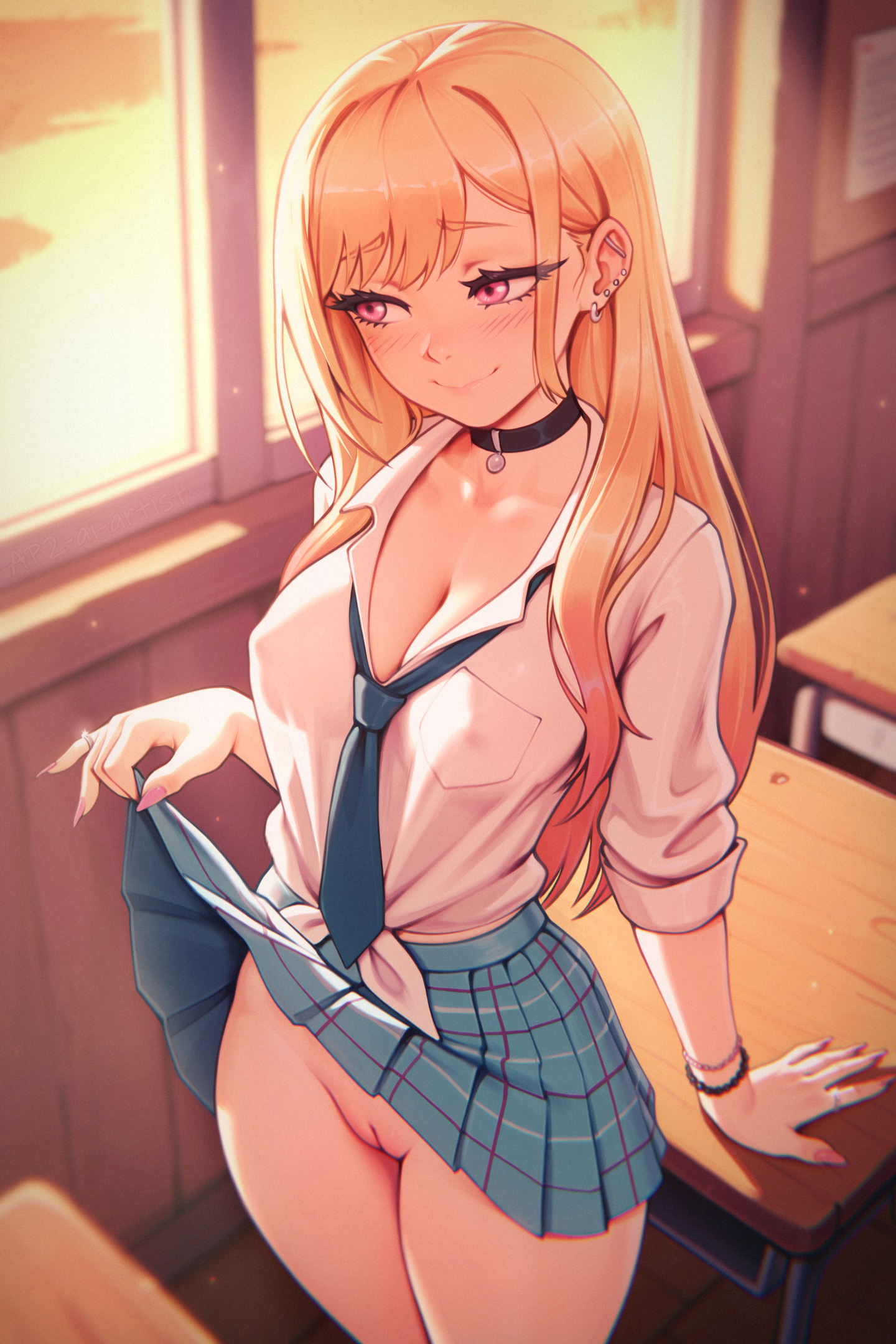 1girls, ai generated, ap2-ai-artist, big breasts, blonde hair, blue necktie, blue skirt, blush, bracelet, bracelets, breasts, choker, colored nails, colored tips, covered nipples, eyelashes, female, female only, going commando, gradient hair, gyaru, hi res, high resolution, kitagawa marin, lifted by self, lifted shirt, long hair, marin kitagawa, miniskirt, my dress up darling, necktie, nipples, no bra, no panties, piercing, pink eyes, pink nails, plaid skirt, pleated skirt, pussy, shirt, shy smile, skirt, skirt lift, skirt up, solo, sono bisque doll wa koi wo suru, vagina, white shirt