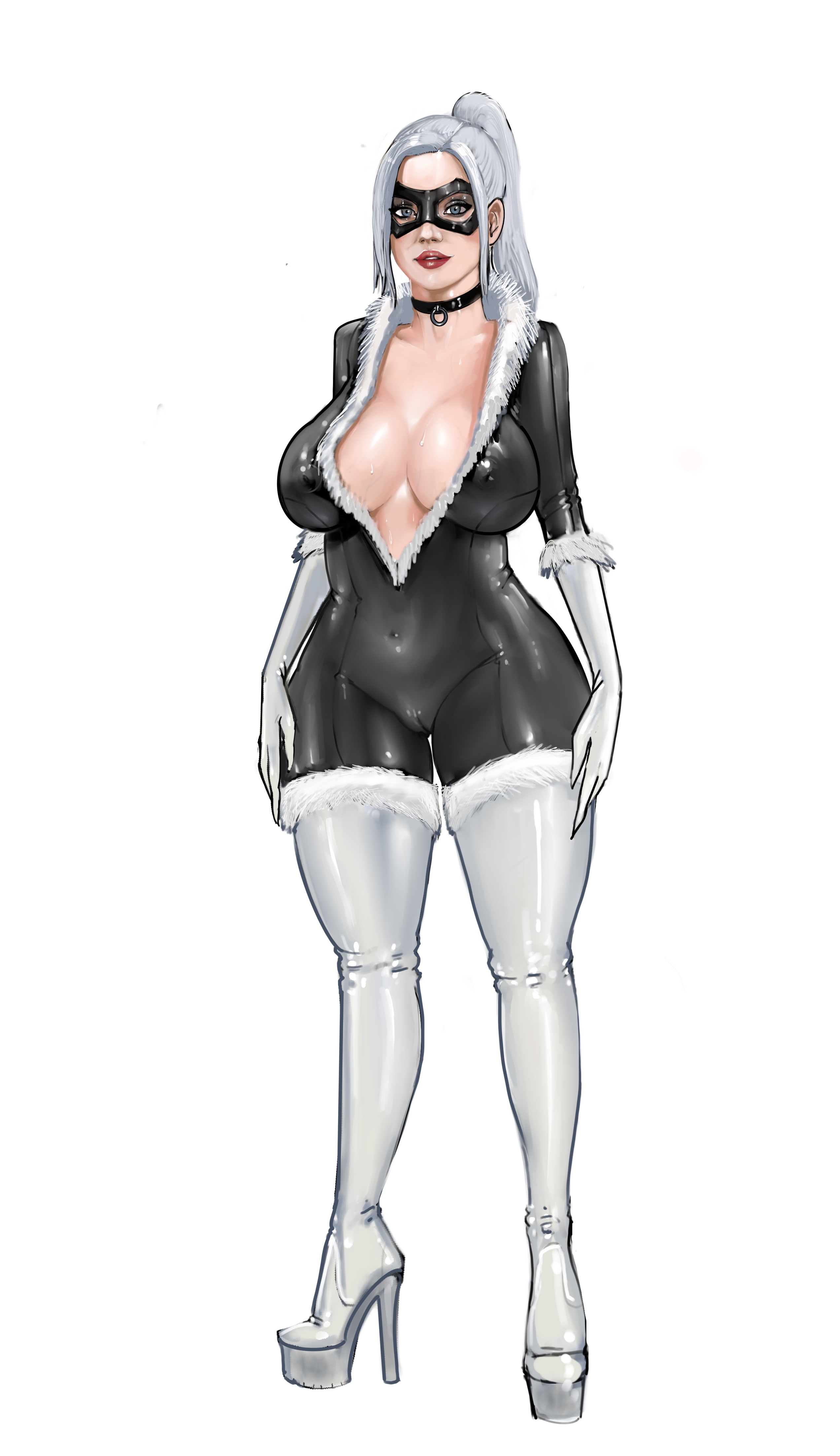 1female, 1girls, adult, adult female, big breasts, black cat (cosplay), black cat (marvel), boot fetish, boots, breasts, choker, elbow gloves, felicia hardy, female, female focus, female only, fur, fur trim, gloves, high heel boots, high heeled boots, high heels, iron doomer, latex, latex boots, long legs, marvel, marvel comics, platform boots, platform footwear, platform heels, platform shoes, ponytail, spider-man (series), sydney sweeney, thigh boots, thigh highs, thighhigh boots, thighhighs, thighs, tight clothes, tight clothing, tight fit, white boots, white gloves, white hair