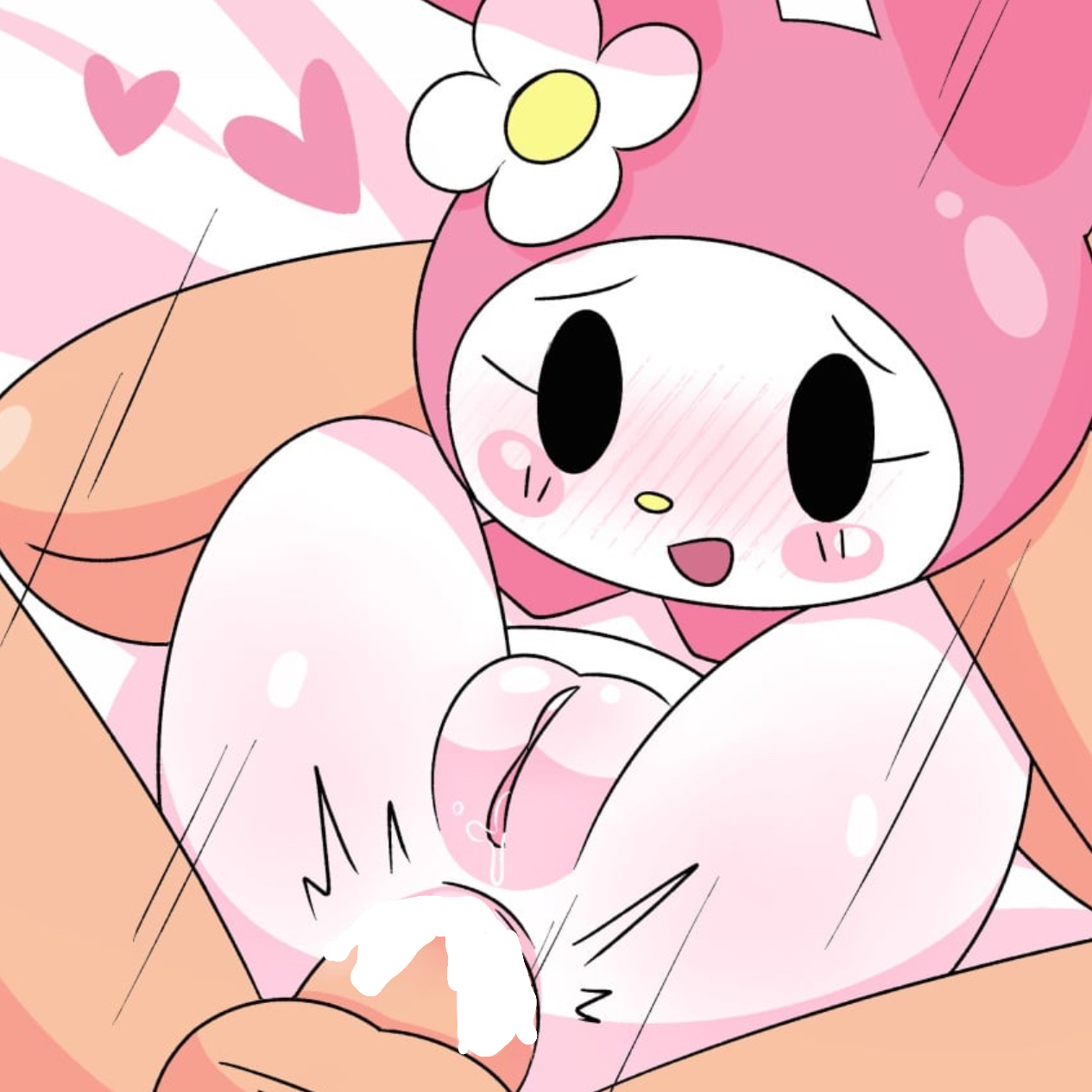 blush, blushing, bunny girl, cum, cum in ass, cum inside, female, full nelson, hello kitty, hello kitty (series), human, human male, male, my melody, onegai my melody, pink, sanrio, sex, straight, surjang, unseen male face, white fur, white skin