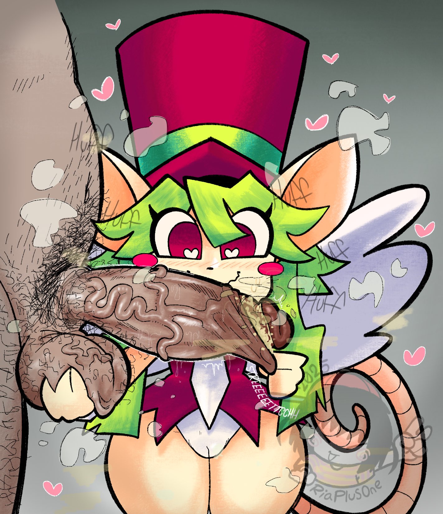 1boy, 1girls, anthro, balls, blonde hair, blush, female, grotesque genitals, heart-shaped pupils, human on anthro, mad rat dead, male, oral, oral penetration, rat ears, rat girl, rat god (mad rat dead), riaplusone, shortstack, smegma, smell, tail, wings