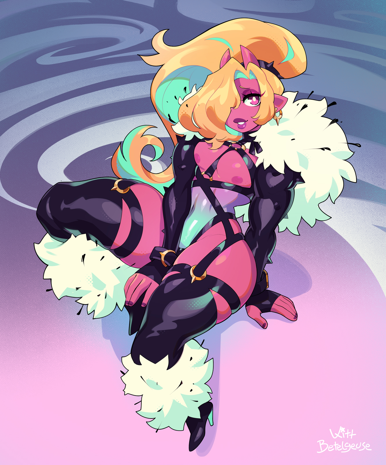 1boy, artist name, blonde hair, clothed, clothed male, femboy, feminine male, giri (zephyrgales), girly, green hair, hair over one eye, heels, hi res, high heel boots, high heels, horns, kittbetelgeuse, long hair, looking at viewer, male, male only, non-nude, original, original character, pink eyes, pink skin, pointy ears, ponytail, pouty lips, smiling, smiling at viewer, solo, thick thighs, thigh boots, tied hair, two-tone hair