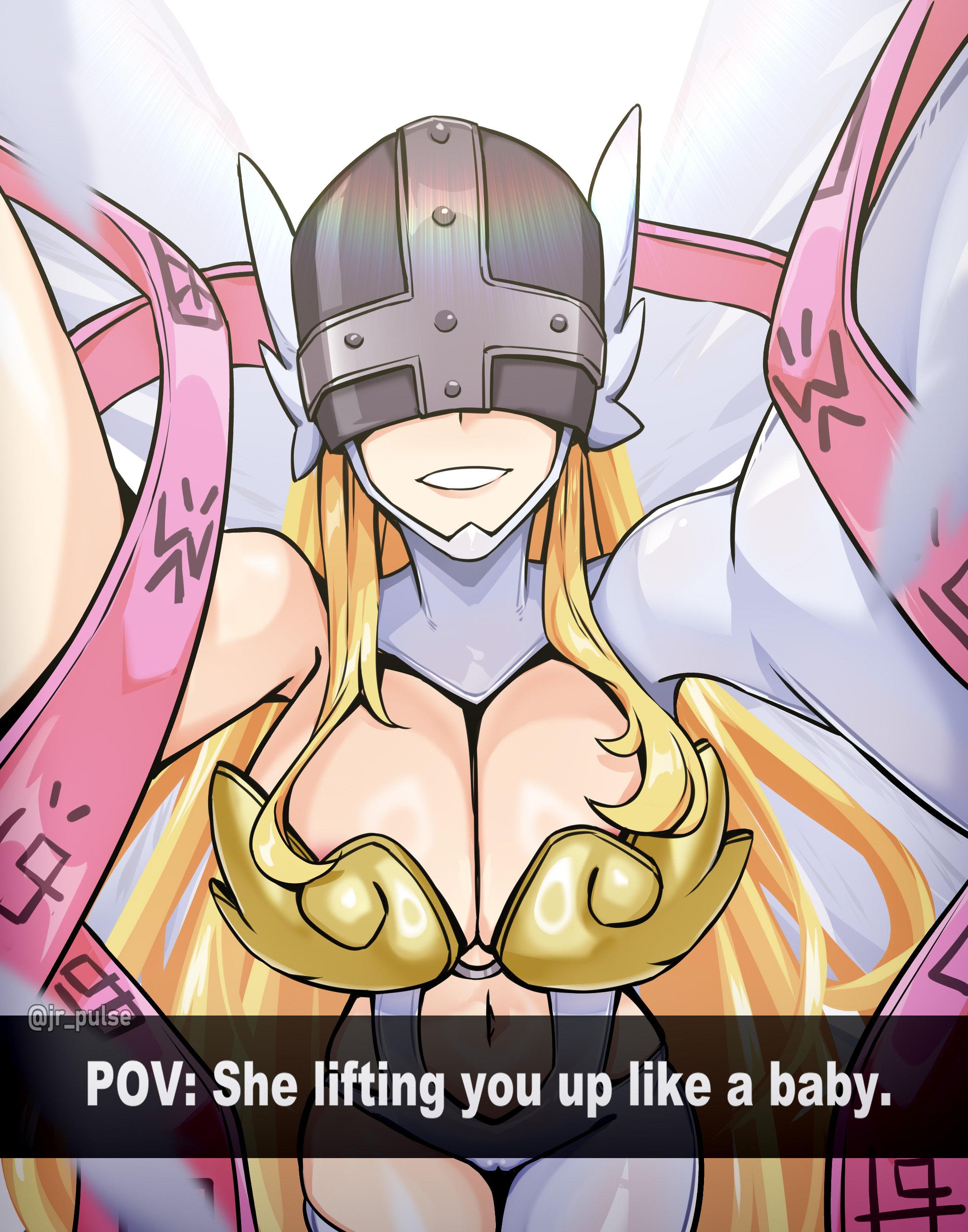 1girls, 2025, angel, angel girl, angel wings, angewomon, big breasts, blonde hair, breasts, cleavage, covered eyes, digimon, female, huge breasts, jrpuls3, pov, size difference, solo, solo female, solo focus, tagme