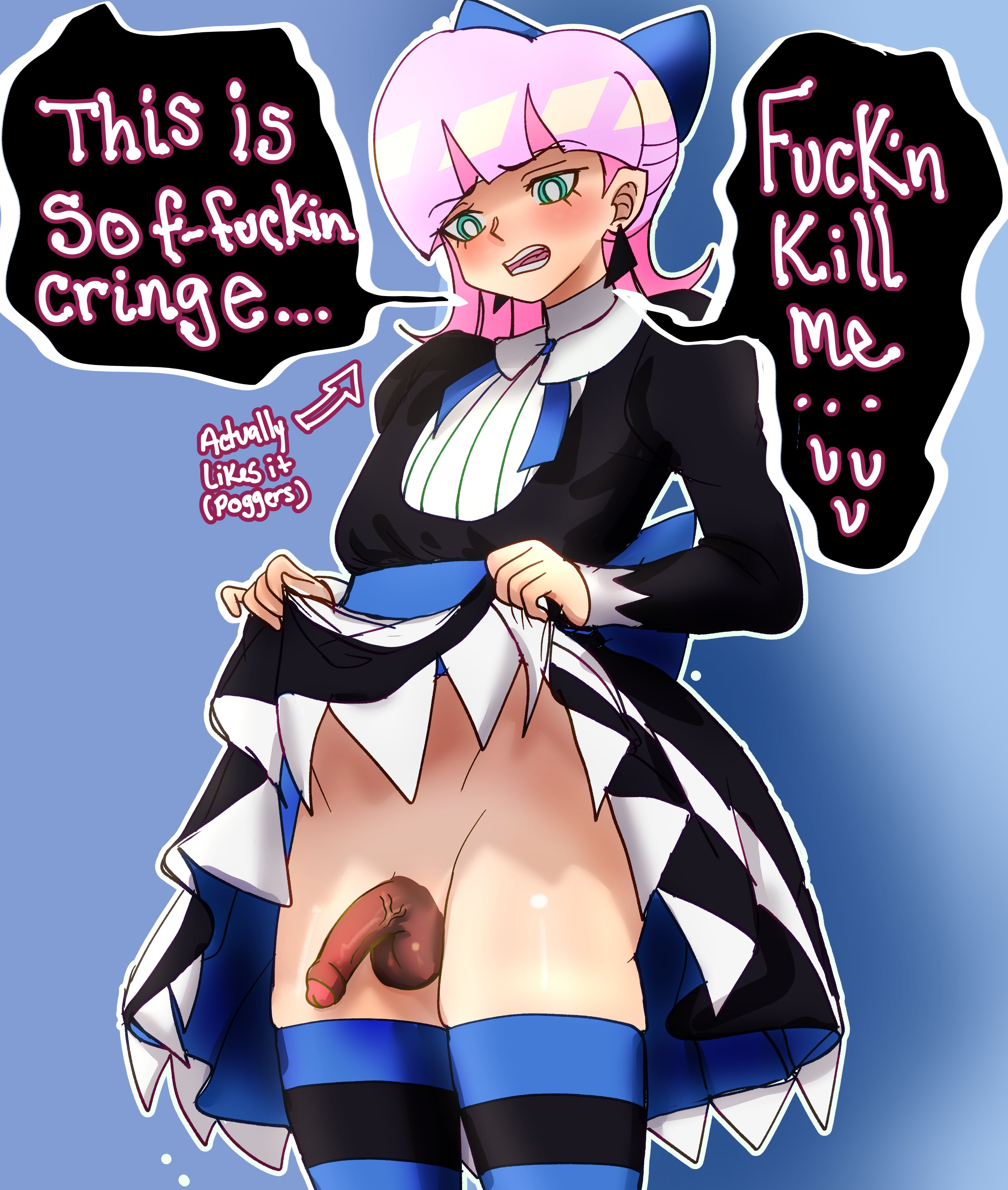 1boy, balls, black dress, black earrings, black stockings, blue bow, blue eyes, blue stockings, blue tie, blush, bow, cringe, crossdressing, cursing, dark-skinned penis, dialogue, dress, earrings, femboy, foreskin, gay, homosexual, homosexual male, large bow, lifting shirt, male, male only, no underwear, pale-skinned male, panty & stocking with garterbelt, penis, pink hair, polyurethane (psg), red tip, revealing penis, small balls, small penis, stocking anarchy (cosplay), striped stockings, stripes, uncircumcised, uncomfortable, uncut, vein, veins, veiny, veiny penis