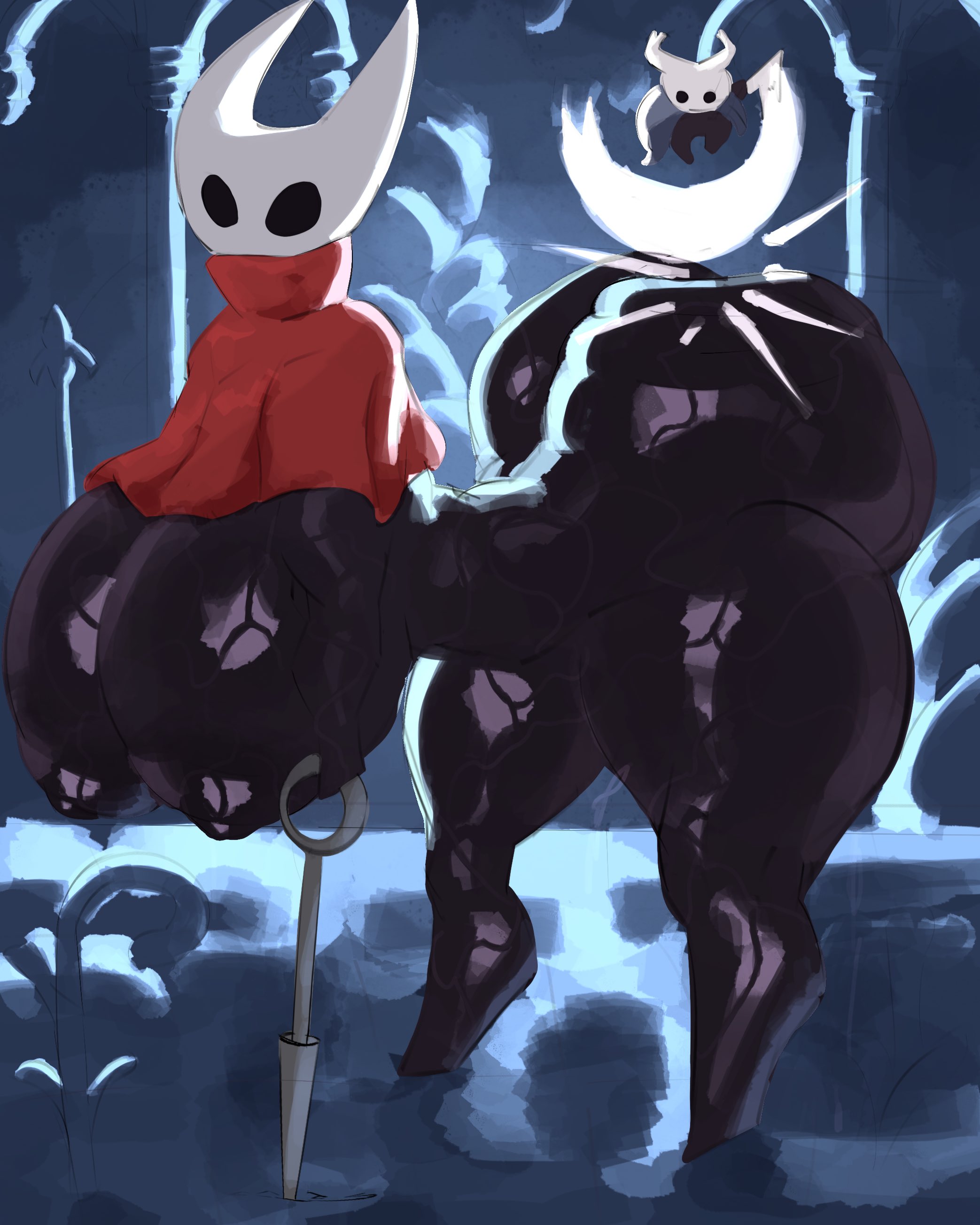 1boy, 1girls, adawndraws, asscheeks, attack, bent over, big ass, big breasts, big hips, big thighs, black body, black skin, bouncing on ass, breasts, curvy, curvy body, curvy female, curvy figure, erect nipples, female, high resolution, higher resolution duplicate, highres, hollow knight, hollow knight: silksong, hornet (hollow knight), huge ass, huge breasts, huge hips, huge thighs, larger female, male, nipples, red topwear, simple background, slapping ass, small clothing, smaller male, sweat, sweatdrop, sweating, sweaty, sweaty ass, sweaty body, sweaty breasts, sword, the knight (hollow knight), useless clothing, voluptuous, voluptuous female, weapon, wobbling ass