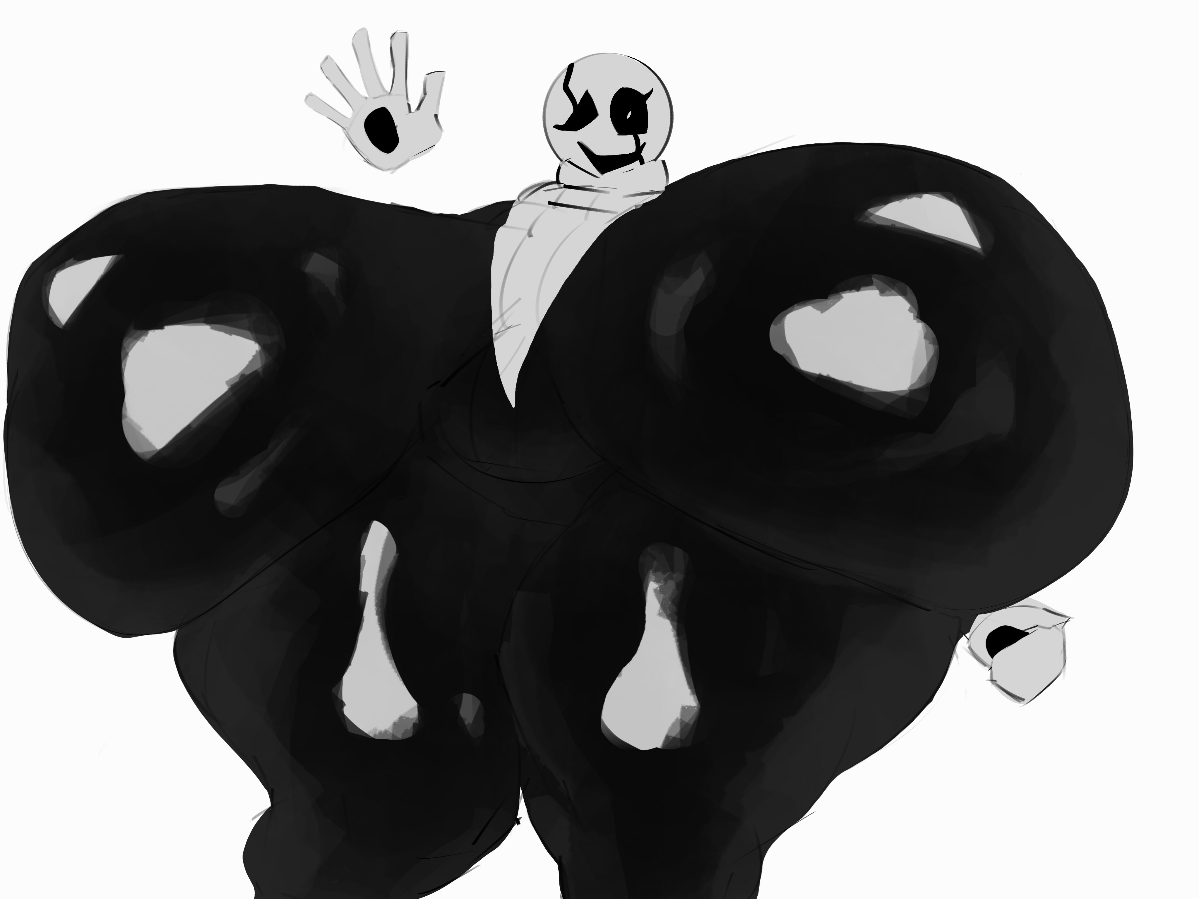 1girls, adawndraws, big breasts, big hips, big thighs, black pants, breasts, clothed, clothed female, eyelashes, fem gaster, female, floating hands, gaster, high resolution, highres, huge breasts, huge hips, huge thighs, hyper breasts, hyper tits, mons pubis, pants, pudgy belly, rule 63, solo, solo female, top heavy, turtleneck, turtleneck sweater, undertale, undertale (series), waving, waving hand, white background, white body, white pupil