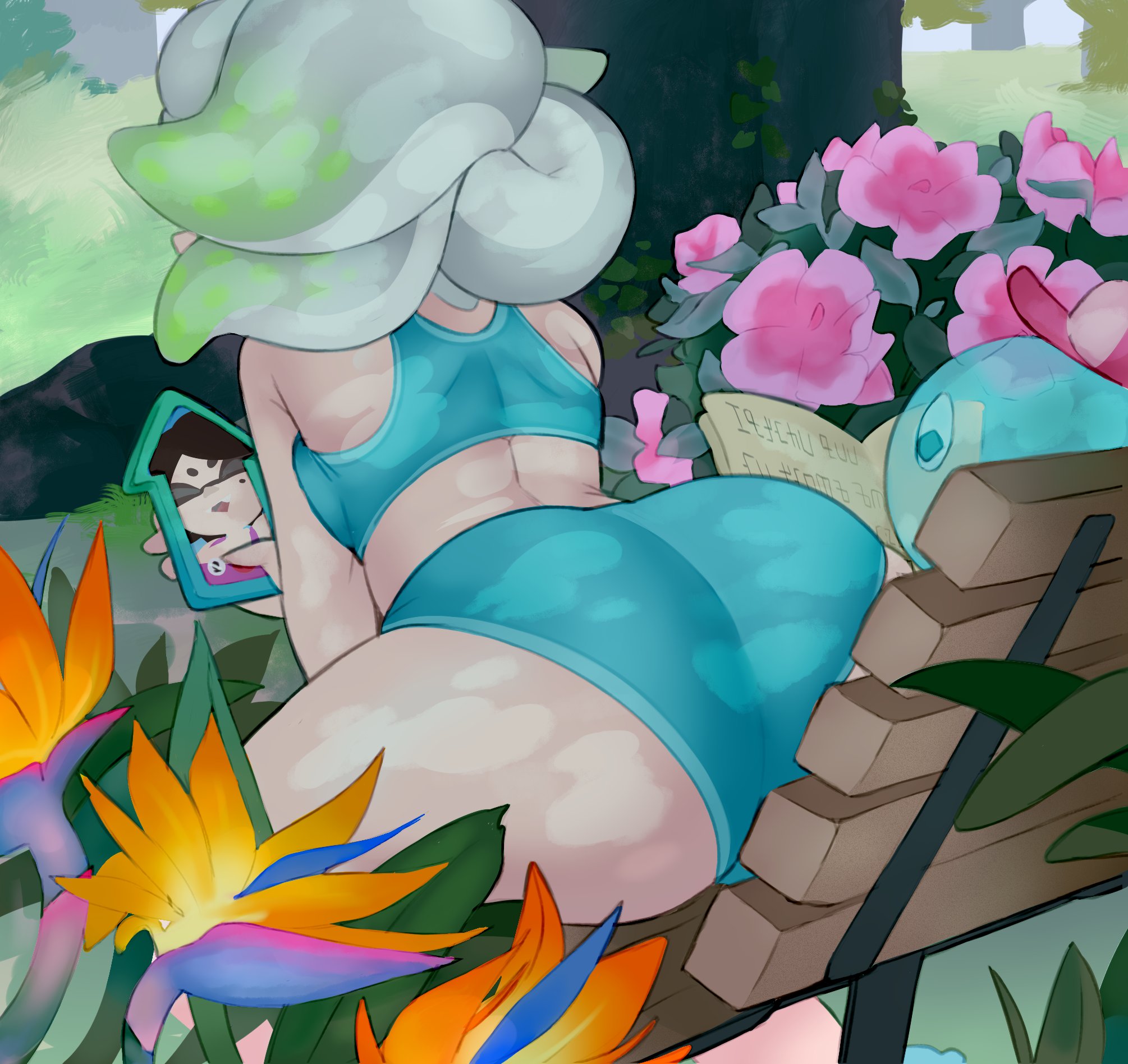 2girls, ass, bike shorts, callie (splatoon), facing away, female, leaning forward, marie (splatoon), nintendo, phone, sitting, spats, splatoon, splatoon (series), sports bra, squid sisters, thick thighs, vespbee, workout clothes