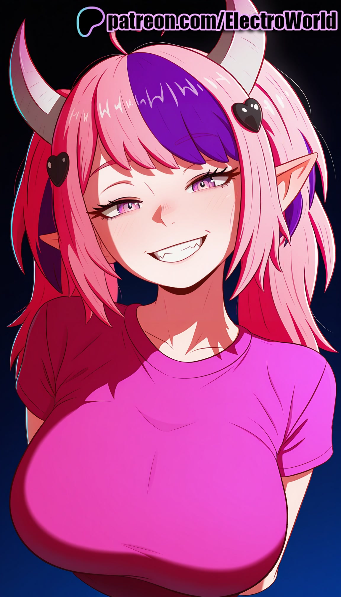 1girls, 2025, ai generated, artist name, big breasts, big chest, breasts, bust, busty, chest, electroworld, female, grin, hair ornament, hi res, high quality, high resolution, highres, ironmouse, large breasts, multicolored hair, patreon, patreon username, pink hair, pointy ears, sharp teeth, shirt, short sleeves, smile, stable diffusion, t-shirt, virtual youtuber, vtuber, watermark
