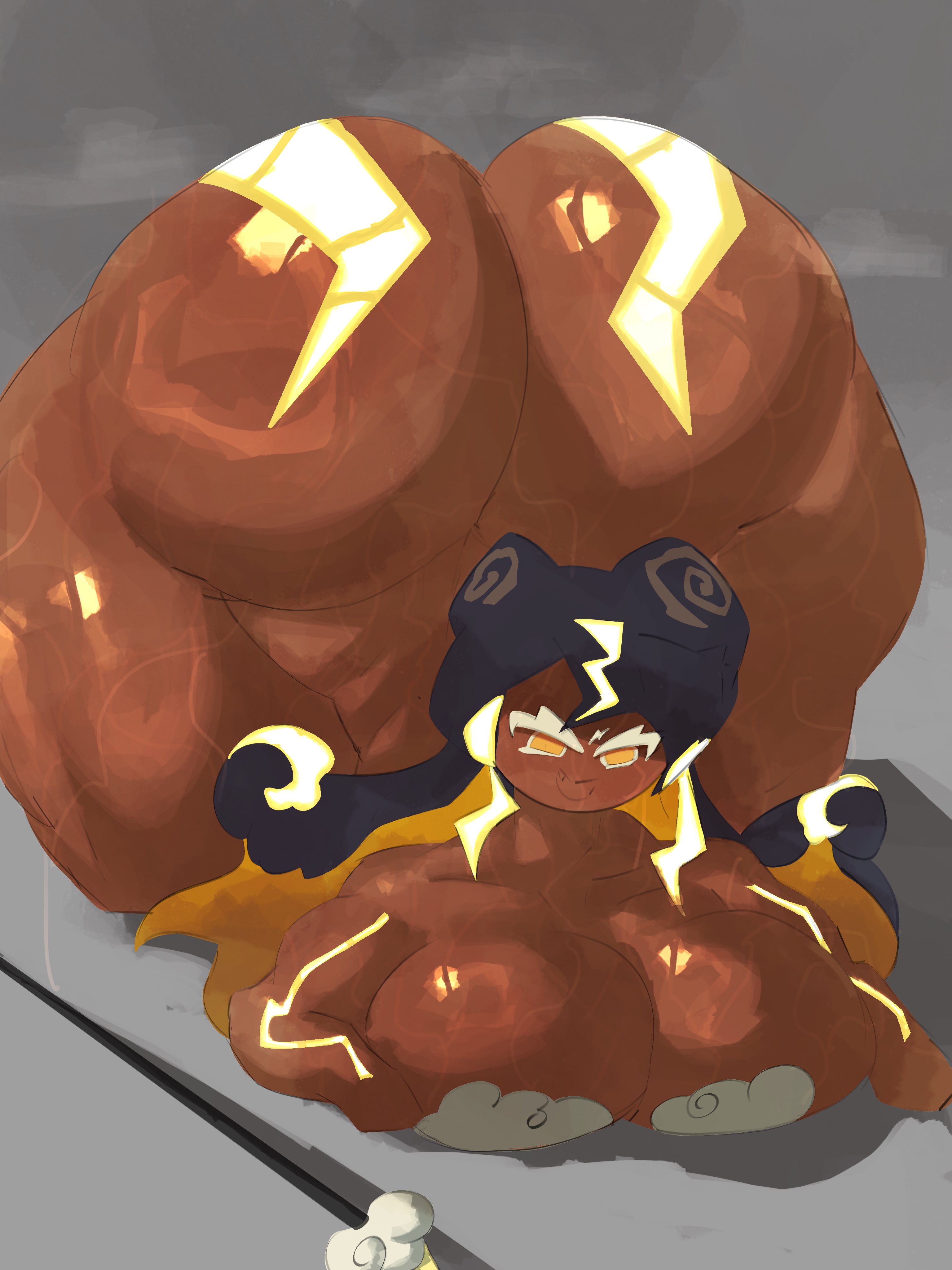 1girls, adawndraws, ass up, ass up face down, big ass, big breasts, big cleavage, big hips, big thighs, black hair, body markings, breasts, brown body, brown skin, cleavage, cookie, cookie run, cookie run kingdom, curvy, curvy body, curvy female, curvy figure, earrings, female, grey background, high resolution, highres, huge ass, huge breasts, huge hips, huge thighs, laying on floor, laying on stomach, long hair, markings, pasties, smiling, solo, solo female, staff, steam, steaming body, steamy ass, stormbringer cookie, sweat, sweatdrop, sweating, sweaty, sweaty ass, sweaty body, thunder, voluptuous, voluptuous female, yellow eyes