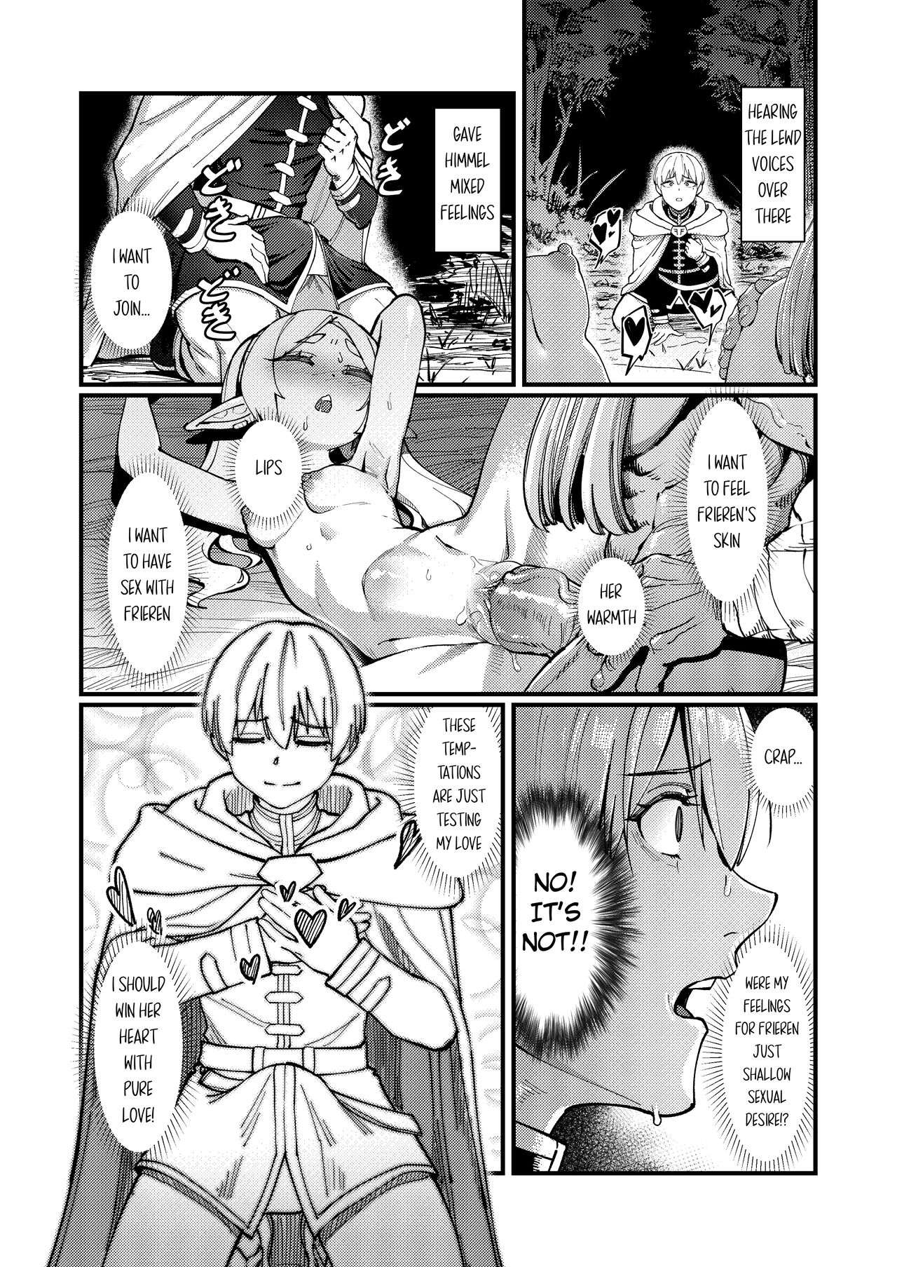 blush, eisen (sousou no frieren), frieren, frieren beyond journey's end, heiter (sousou no frieren), himmel (sousou no frieren), proud banana, sex, sousou no frieren, stomach bulge