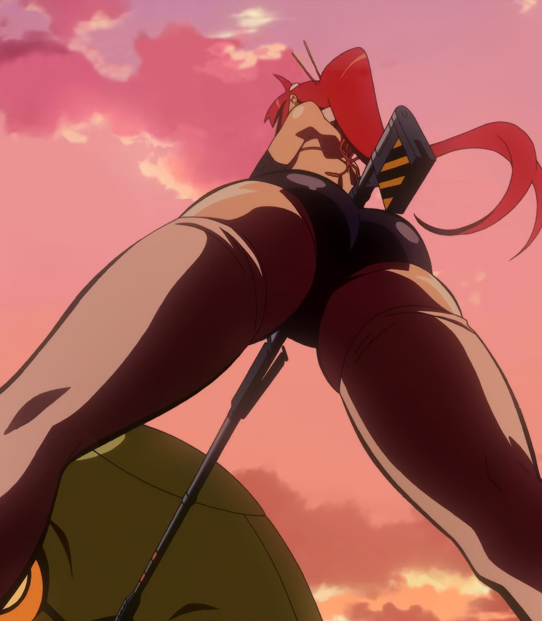 1girls, ass, clothing, female, holding weapon, large ass, red hair, screencap, shorts, tengen toppa gurren lagann, thick thighs, thighhighs, thighs, yoko littner