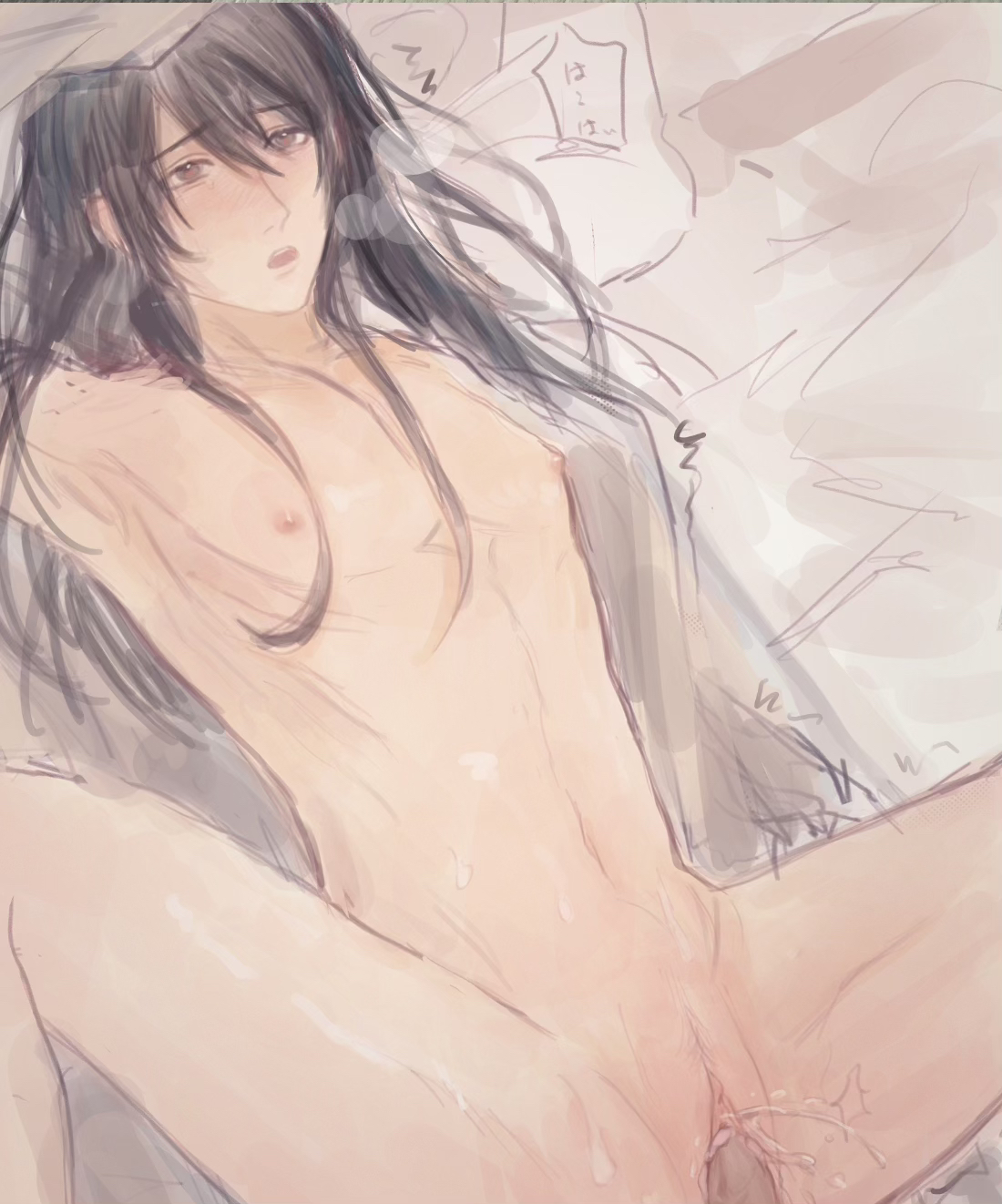 1boy, 1cuntboy, black hair, breath, completely nude, cuntboy, cuntboy focus, gintama, intersex, katsura kotarou, long hair, long-haired cuntboy, male, male on cuntboy, mti crossgender, nude, on back, pussy, pussy juice, solo focus, sparse pubic hair, spread legs, squirting, sweat, uncensored, vaginal penetration