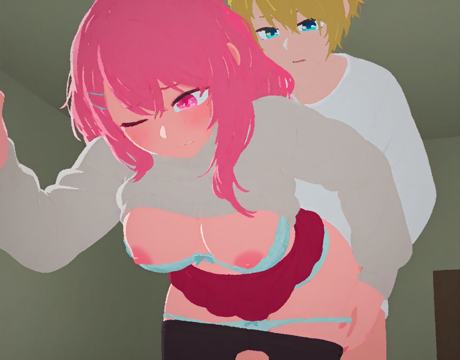 1boy, ai assisted, ai generated, black pantyhose, blonde hair, blue bra, blue eyes, blue panties, blush, bra, bra pull, breasts, clothes pull, female, hair ornament, hoshino aquamarine, kotobuki minami, male, nipples, one eye closed, oshi no ko, panties, pantyhose, pantyhose pull, pink eyes, pink hair, rawr69, red skirt, sex, sex from behind, short hair, skirt, standing sex, straight, sweater, underwear