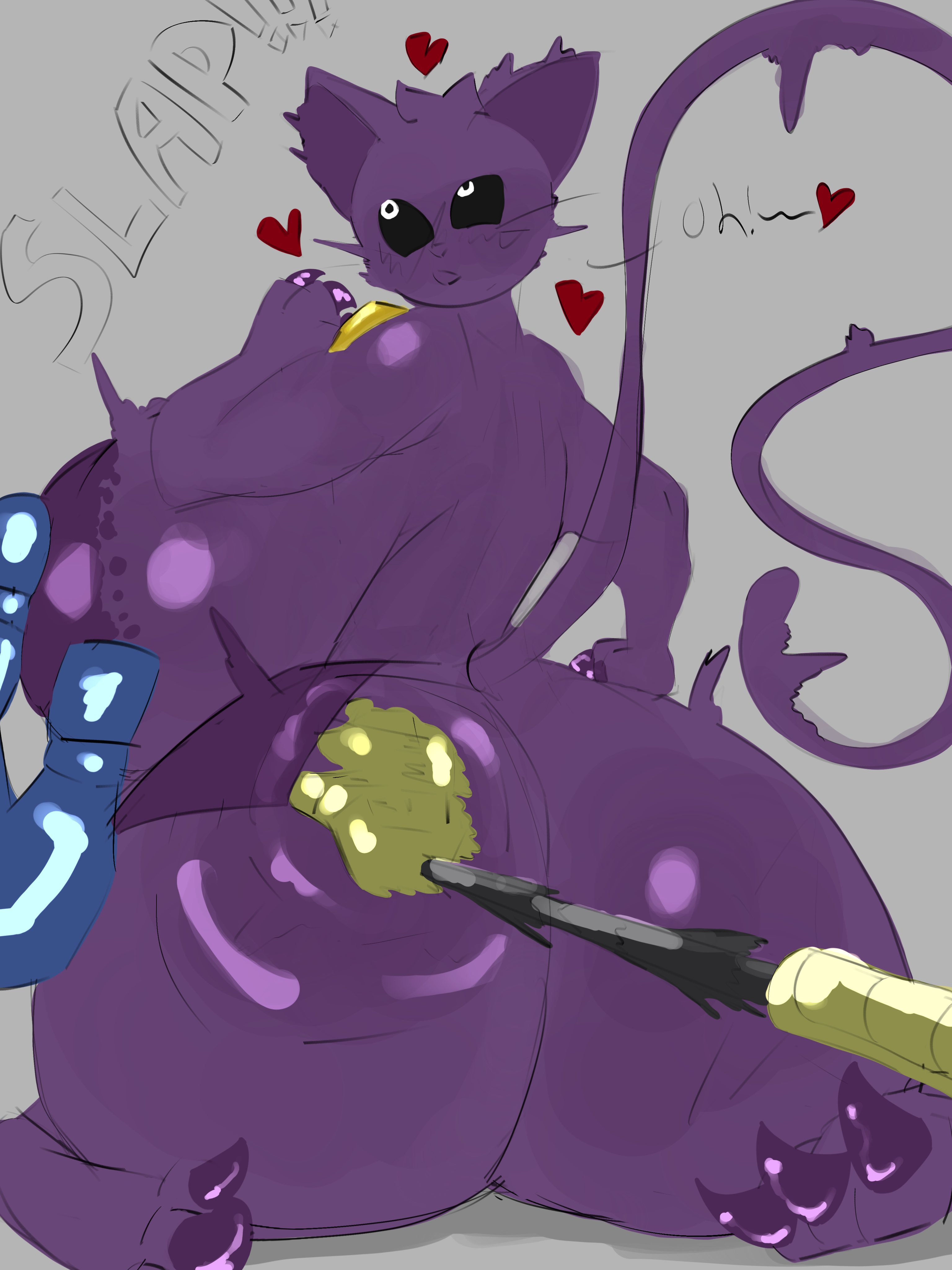1girls, adawndraws, areola, areolae, aroused, ass slap, asscheeks, back view, big areola, big areolae, big ass, big breasts, big hips, big thighs, black eyes, breasts, cat claws, cat ears, cat tail, catgirl, catnap, catnap (poppy playtime), critters (poppy playtime), curvy, curvy body, curvy female, curvy figure, erect nipples, extended arm, feline, female, female focus, grey background, heart, heart symbol, hearts around head, high resolution, highres, huge ass, huge breasts, huge hips, huge thighs, nipples, no humans, on knees, patchwork skin, pleasured, poppy playtime, poppy playtime (chapter 3), purple areolae, purple body, purple fur, rule 63, sitting down, smiling critters, text, voluptuous, voluptuous female, whiskers, white pupils, wobbling ass