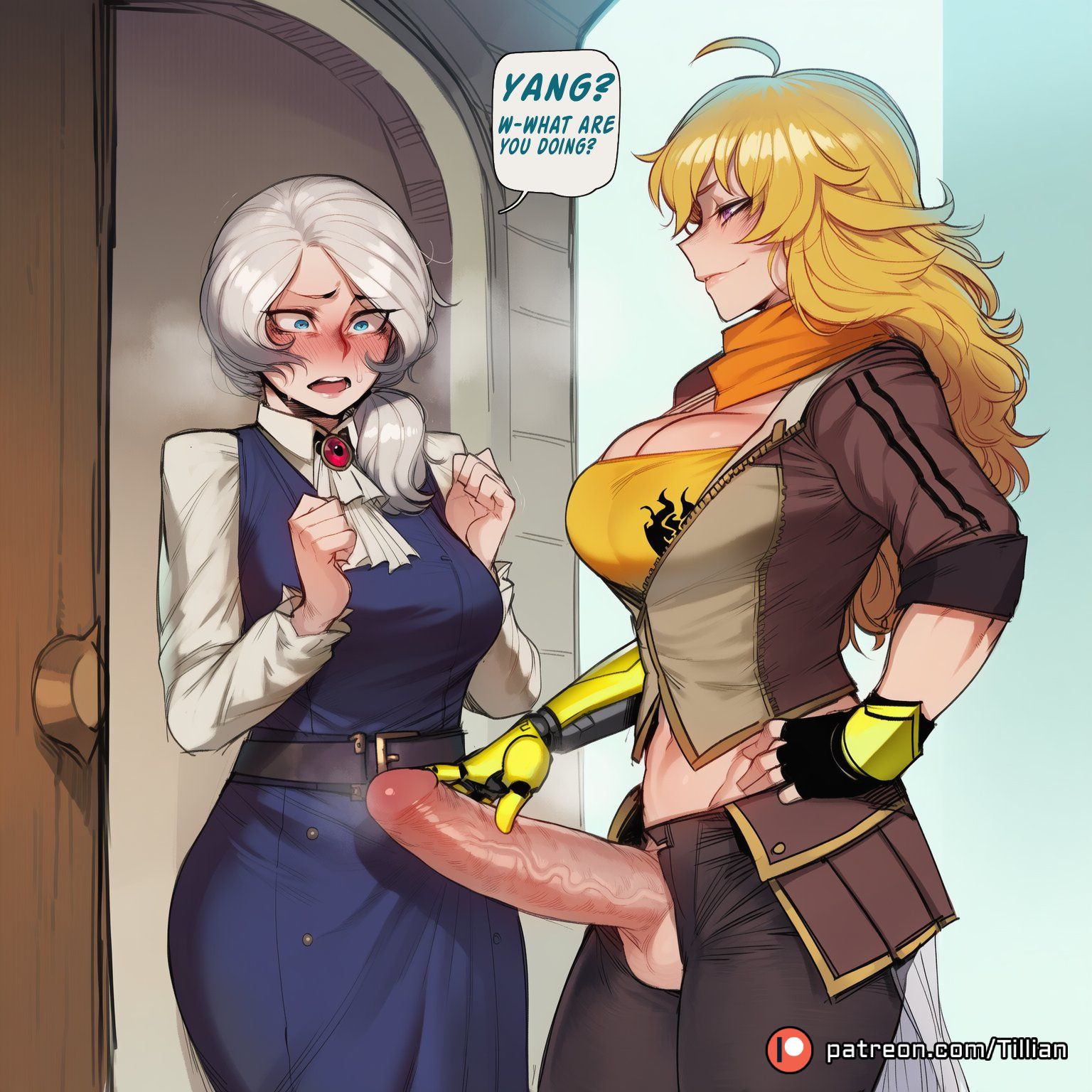 2girls, ahoge, ai generated, balls, belt, black gloves, blonde hair, blue dress, blue eyes, blush, breasts, brown jacket, cleavage, closed mouth, dress, english text, erection, female, fingerless gloves, futa with female, futanari, gloves, hand on own hip, heavy breathing, huge cock, intersex, jacket, jewelry, large breasts, large penis, long hair, long sleeves, looking at another, looking at penis, looking down, mechanical arms, multiple females, multiple girls, navel, open fly, open mouth, orange scarf, pants, patreon logo, patreon username, penis, penis awe, penis out, prosthesis, prosthetic arm, purple eyes, rwby, scarf, shirt, side ponytail, single mechanical arm, sisters, smile, speech bubble, standing, sweat, teeth, testicles, tillian, uncensored, veins, veiny penis, watermark, web address, white hair, white shirt, wide-eyed, willow schnee, yang xiao long