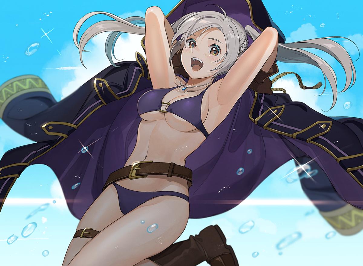 1girls, bikini, boots, breasts, day, duplicate, female, fire emblem, fire emblem awakening, fire emblem heroes, gloves, happy, hood, jumping, kyulog, long hair, looking at viewer, nintendo, o-ring, o-ring bikini, open mouth, purple swimsuit, robin (fire emblem), robin (fire emblem) (female), sky, smile, solo, swimsuit, twintails, water, white hair, yellow eyes