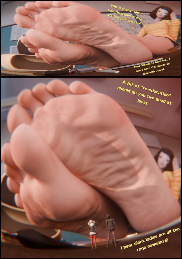 2girls1boy, 3d, 3d (artwork), akira kurusu, amamiya ren, ann takamaki, feet, female, female focus, fioracle, foot fetish, foot focus, giantess, joker (persona), kawakami sadayo, larger female, male, persona, persona 5, ren amamiya, sadayo kawakami, smaller female, smaller male, text