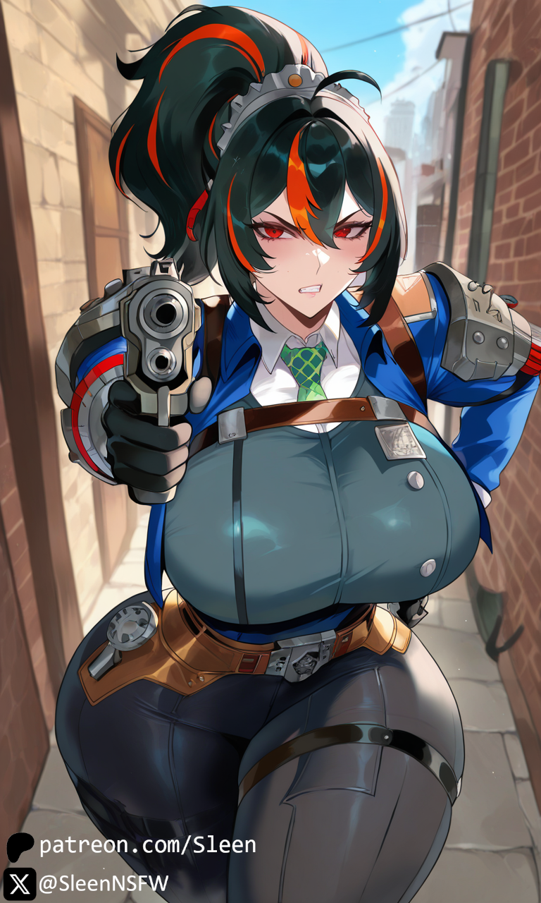 1girls, ai generated, alley, alleyway, angry, ass, back alley, big ass, big breasts, breasts, busty, clothed, clothed female, clothing, eye contact, fat ass, female, female only, gun, huge breasts, looking at viewer, police uniform, policewoman, pov, pov eye contact, sleen, thick ass, thick thighs, voluptuous, voluptuous female, zenless zone zero, zhu yuan