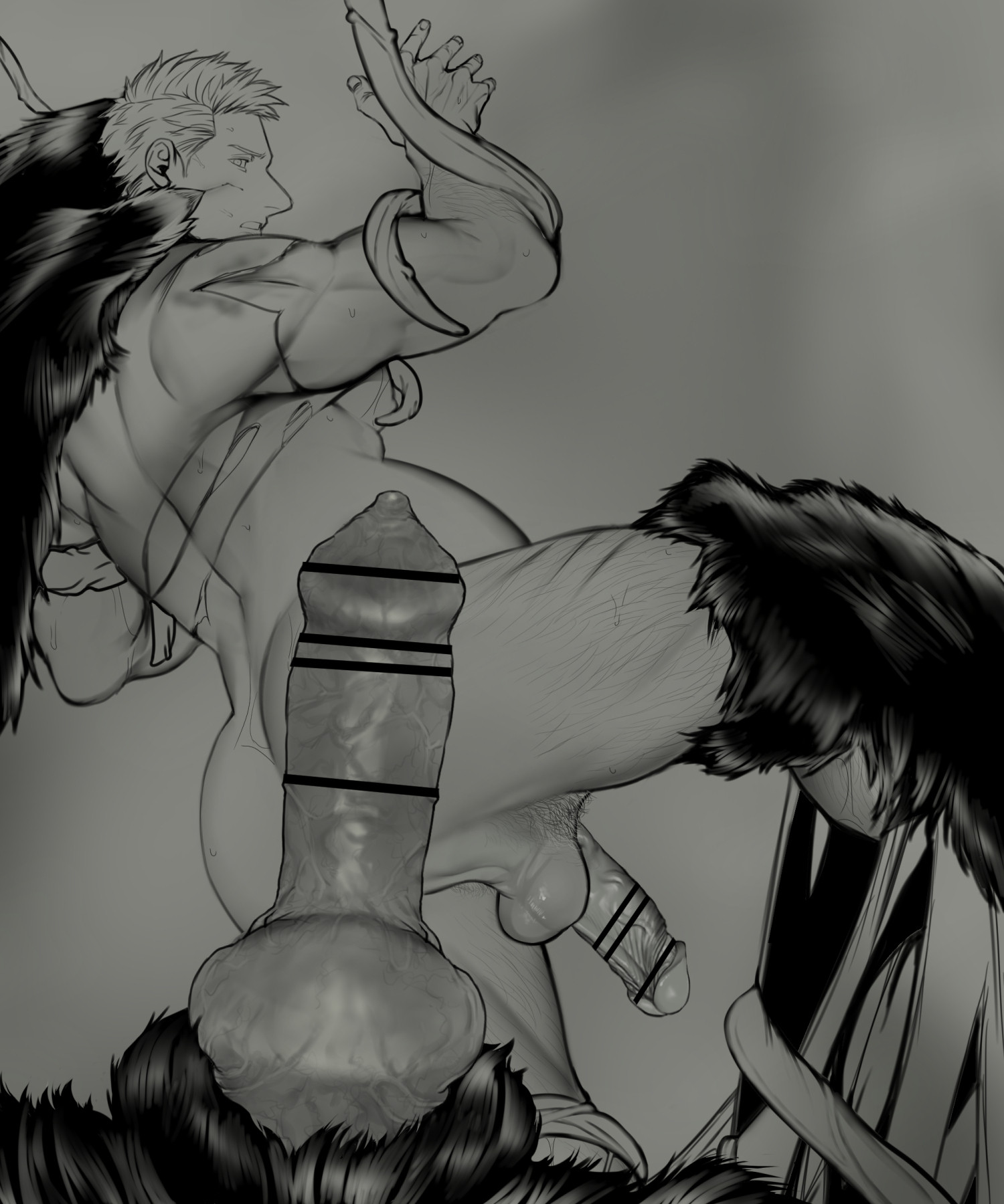 2boys, anthro, anthro on human, anus, ass, ass cleavage, back view, balls, bara, belly bulge, biceps, big balls, big hands, big penis, black and white, blonde hair, bondage, bulbus glandis, bulge, canid, canine, canine genitalia, canine humanoid, canine on human, canine penis, canis, censor bar, censored, censored penis, claws, completely nude, dark lighting, duo, erection, first person view, foreskin, foreskin folds, from behind, fur, furry, furry male, gay, grabbing, grabbing arm, grabbing from behind, grabbing legs, grabbing neck, grey background, greyscale, height difference, hi res, huge cock, human, imminent anal, imminent penetration, imminent rape, imminent sex, inflated belly, inflation, interspecies, knot, knotted penis, leg hair, long penis, looking at viewer, looking back, male, male only, male/male, mature male, monochrome, monster, monster boy, monster cock, monster rape, muscles, muscular, muscular arms, muscular back, muscular male, nude, original, original character, penis, penis bigger than arm, penis bigger than head, penis bigger than torso, penis on ass, penis size difference, perineum, pointless censoring, pov, predator/prey, pubic hair, restrained, restrained arms, retracted foreskin, round ass, scar, scar on face, scar on leg, short hair, simple background, size difference, spread legs, struggling, struggling prey, taro007, tarowo, tentacle, tentacle bondage, thick penis, torn clothes, uncircumcised, uncut, unretracted foreskin, veiny penis, werewolf, wolf, yaoi