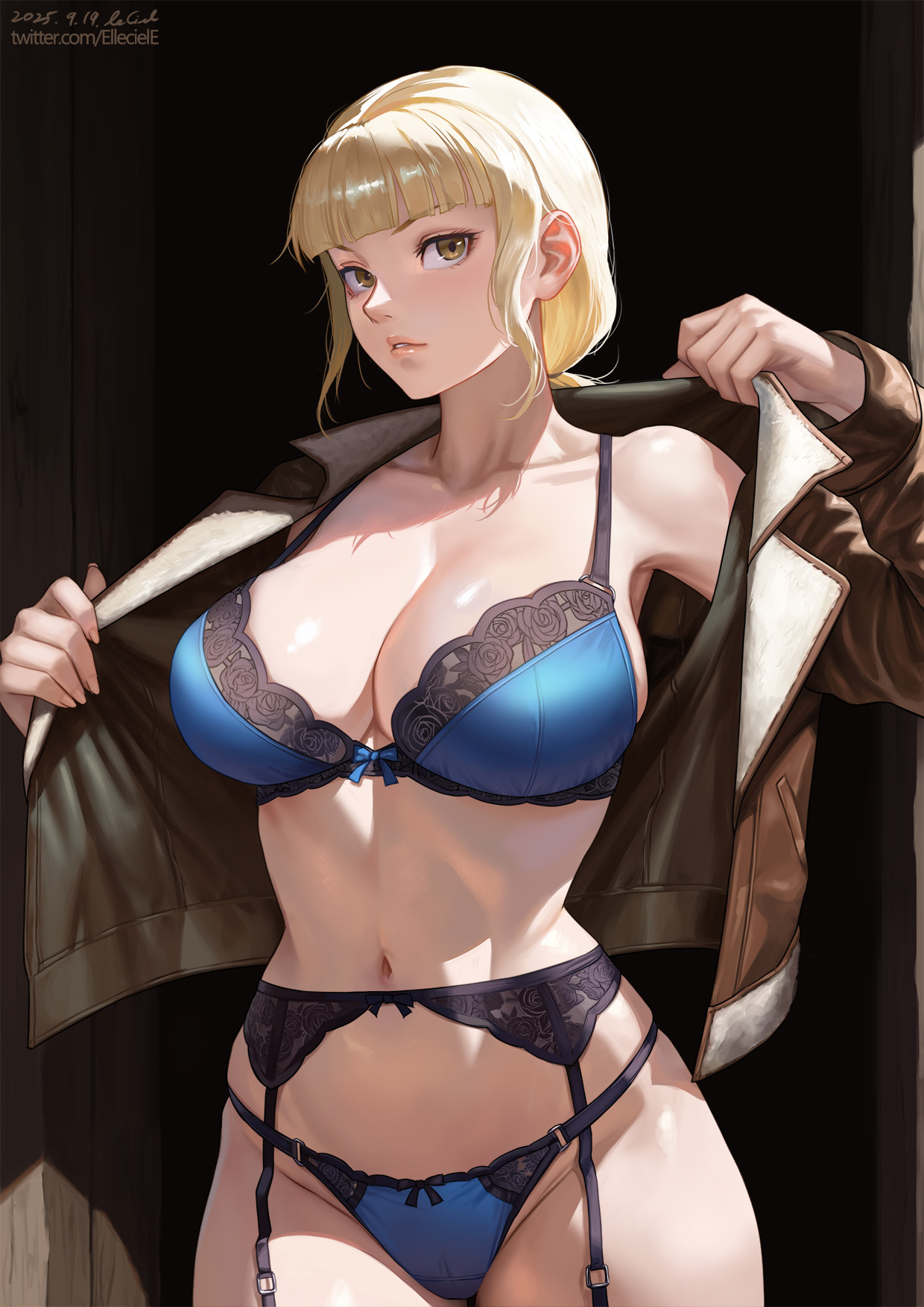 1girls, alternate version at source, alternate version available, big breasts, big thighs, blonde hair, breasts, breasts out, busty, busty female, cleavage, elleciel.eud, fear and hunger, fear and hunger: termina, female, garter straps, gigantic breasts, huge breasts, karin (fear and hunger), lace, lace trim, lace-trimmed bra, lace-trimmed panties, large breasts, lingerie, lingerie bra, lingerie only, lingerie panties, no pants, not ai generated, panties, thick legs, thick thighs, thunder thighs, thunderthighs, wide hips, wide thighs