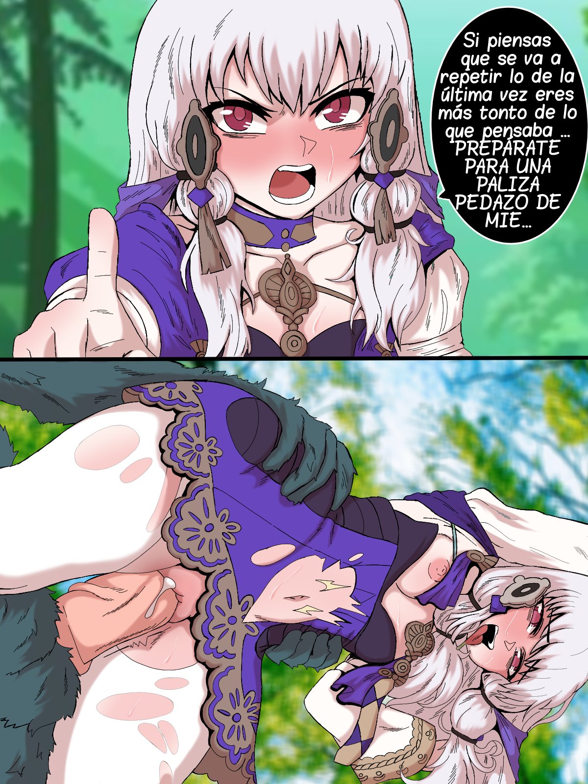1boy, 1boy1girl, 1girls, angry, angry face, blush, chasa1990, dialogue, female, fire emblem, fire emblem: three houses, instant loss, instant loss 2koma, looking at viewer, lysithea von ordelia, male, nintendo, pussy, rape, raped, ripped clothing, sex, spanish text, straight, talking to viewer, text, thighhighs, tongue out, vaginal penetration, white hair