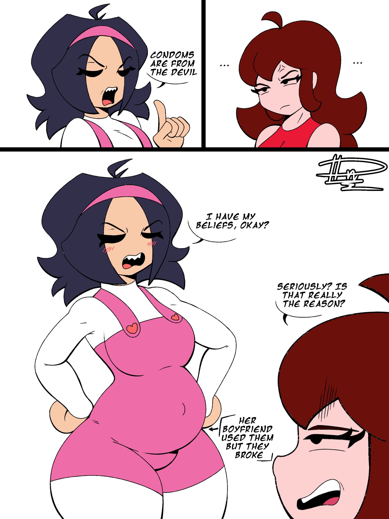 ..., angry, angry face, annoyed expression, artist signature, asian, asian female, auburn hair, belly, belly button visible through clothing, big breasts, black eyes, blush, blush lines, breasts, closed eyes, comedy, comic, dark blue hair, dialogue, disappointed, dn28 art, female, friday night funkin, funny, girlfriend (friday night funkin), hands on hips, light skin, light-skinned female, looking unamused, nene (newgrounds), newgrounds, no shading, not porn, overall dress, pico's school, pointing up, pregnant, pregnant belly, pregnant female, sharp teeth, simple background, slander, text, thick thighs, unamused, watermark, white background, white shirt, wide hips