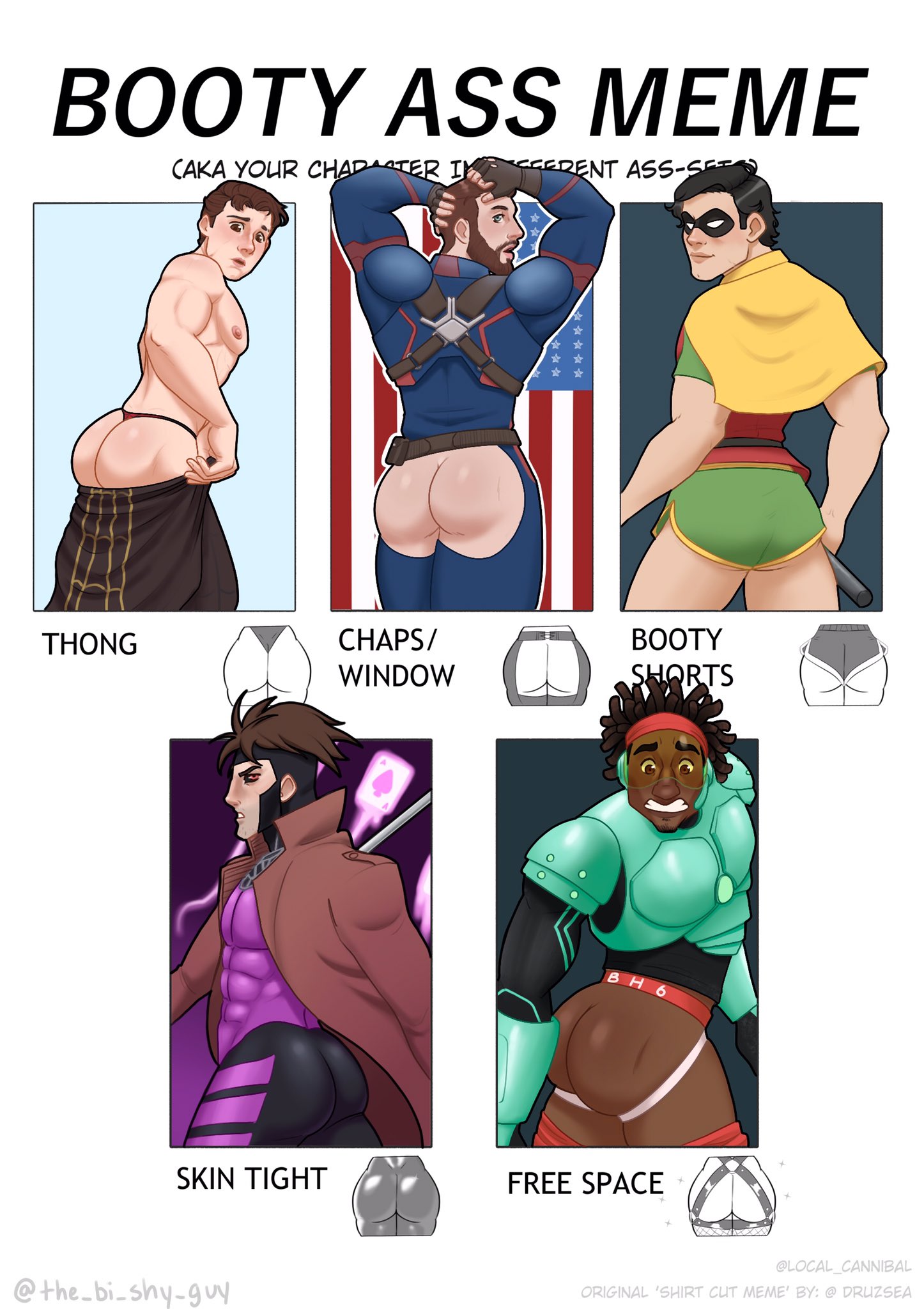 abs, ass, ass focus, batman (series), bi shy guy, big ass, big butt, big hero 6, black hair, booty shorts, brown hair, bubble ass, bubble butt, butt, captain america, chaps, crossover, dark skin, dark-skinned male, dat ass, dat butt, dc, dc comics, dick grayson, disney, fat ass, fat butt, fully clothed, fully clothed male, gambit, gay, huge ass, huge butt, indecent exposure, large ass, large butt, looking back, male, male only, marvel, marvel comics, meme, remy lebeau, robin (dc), robin (dick grayson), round ass, round butt, shirtless, shirtless male, skin tight, steve rogers, the bi shy guy, thick ass, thick butt, thong, wasabi-no-ginger, x-men