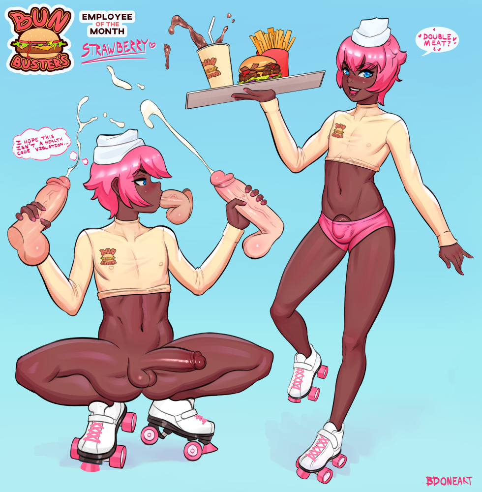 bdone, bottomless, cheeseburger, covered erect nipples, dark skin, dark-skinned femboy, dark-skinned male, dark-skinned sissy, dark-skinned sub, disembodied penis, double handjob, drink, erection, fellatio, femboy, food, fries, gay, half-closed eyes, handjob, handjob while sucking, interracial, light skin, light-skinned male, long sleeves, male, melondraws, non-web source, oral sex, original, original character, original characters, penis, roller skates, sissy, small penis, soda, squatting, strawberry (bdone), trap, waitress, white is bigger, yaoi