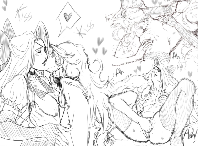 2d (artwork), angel, angel girl, black and white, blonde female, blonde hair, blushing, boob grab, breasts, bubbledark, canon couple, charlie morningstar (hazbin hotel), demon, demon girl, digital media (artwork), doodle, eyepatch, female, female only, girlfriends, hand on pussy, hazbin hotel, kissing, lesbian couple, lesbian kiss, lesbian sex, licking breast, licking pussy, pussy, sketch, spindlehorse toons, vaggie, vaggie (hazbin hotel), vivienne medrano, vivziepop, wholesome, yuri