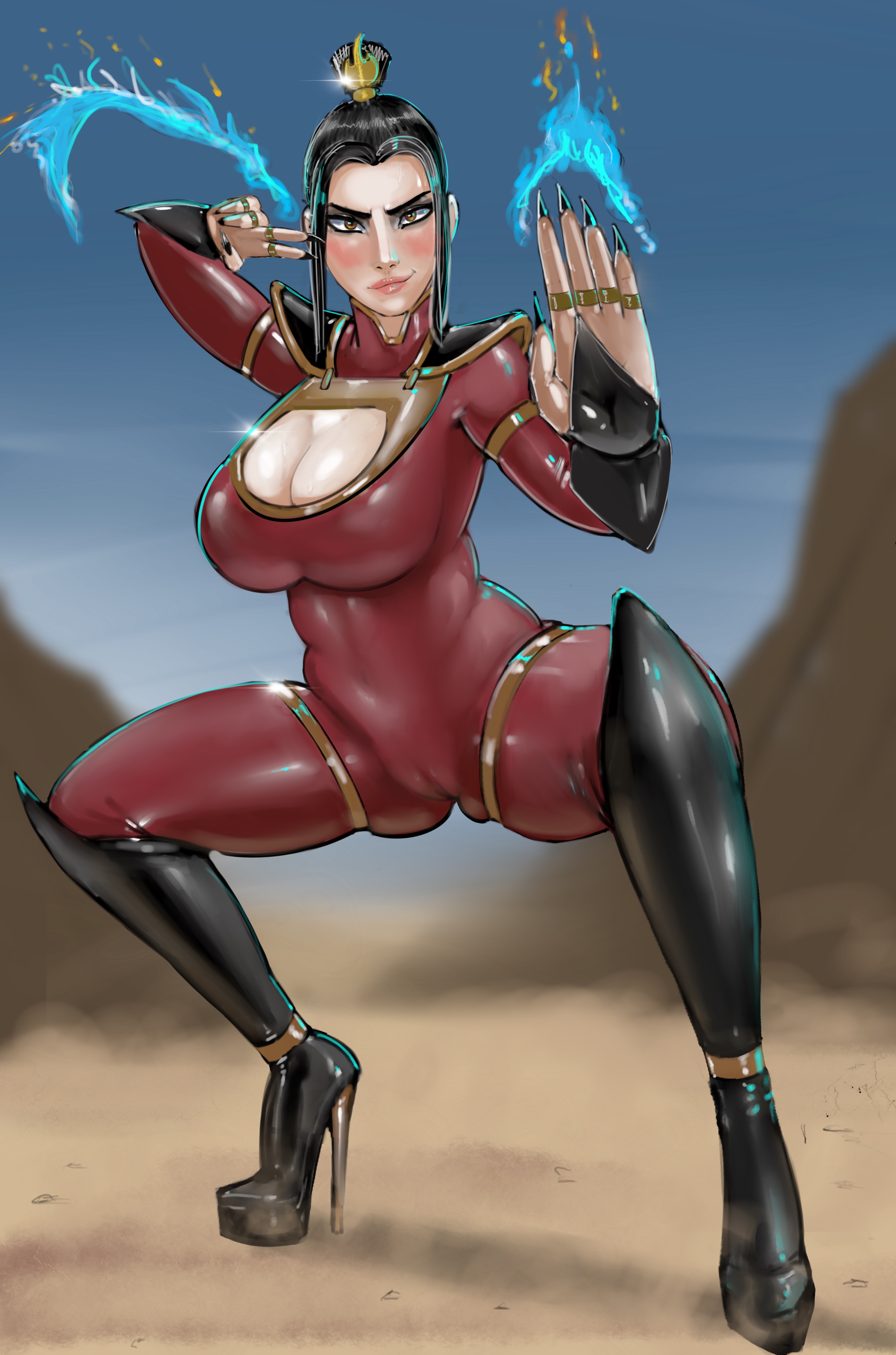1female, 1girls, adult, adult female, asian, asian female, avatar the last airbender, azula, beautiful, big breasts, bimbo, black boots, bodysuit, boob window, boot fetish, boots, breasts, brown hair, brunette female, brunette hair, chest window, female, female focus, female only, fire nation, gloves, high heel boots, high heeled boots, high heels, iron doomer, latex, latex boots, light-skinned female, long legs, looking at viewer, perfect woman, princess, royalty, shoulder pads, solo, tight bodysuit, tight clothes, tight clothing, tight fit