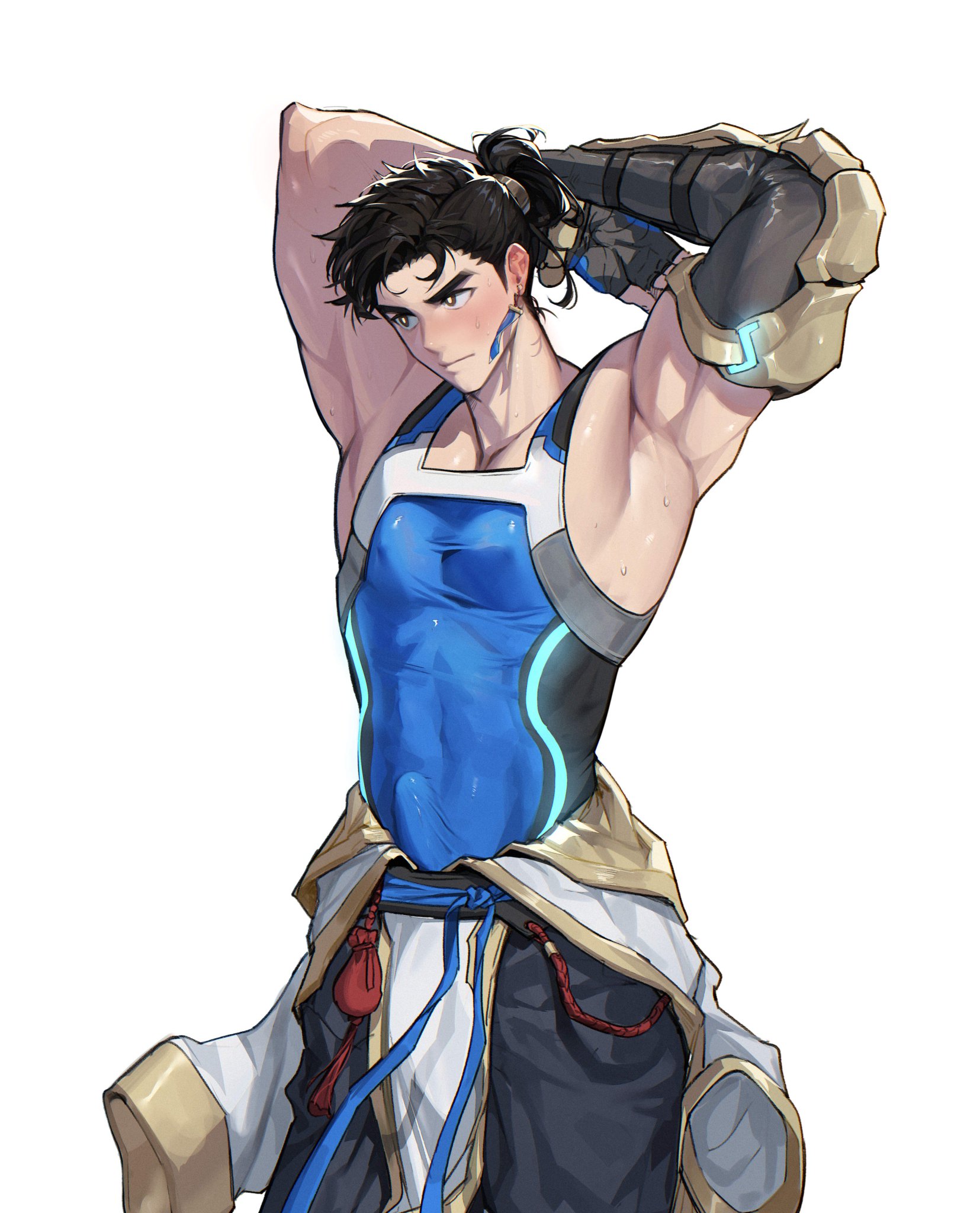 armpits, arms behind head, arms up, blush, clothed, clothing, erect penis, erection, erection under clothes, fully clothed, gay, gay male, hands behind head, henen illust, male, male focus, male only, muscular, muscular male, nipples, nipples visible through clothing, overwatch, overwatch 2, penis, standing, sweat, sweatdrop, sweating, wuyang, yaoi