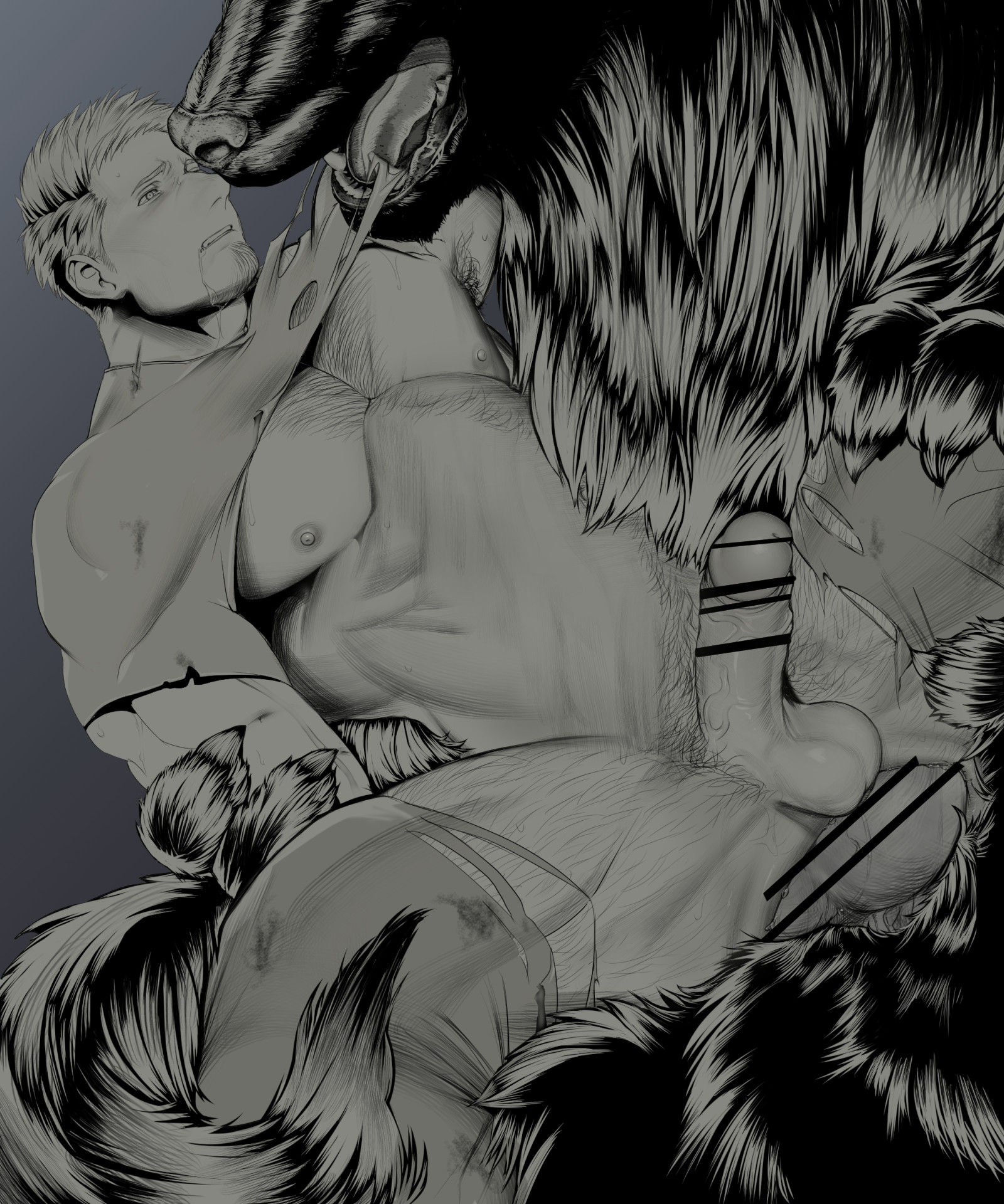 2boys, abs, anal, anal insertion, anal sex, animal tail, anthro, anthro on human, balls, balls deep, bara, beard stubble, biceps, big areola, big balls, big hands, big penis, black and white, blonde hair, bulbus glandis, bulge, canid, canine, canine genitalia, canine humanoid, canine on human, canine penis, canis, censor bar, censored, censored penis, chest hair, claws, completely nude, dark lighting, drooling, duo, erection, foreskin, foreskin folds, fur, furry, furry male, furry tail, gay, grabbing, grabbing arm, gradient background, grey background, greyscale, half-closed eyes, happy trail, height difference, hi res, huge cock, human, impossible fit, interspecies, knot, knotted penis, leg hair, male, male only, male penetrated, male penetrating, male penetrating male, male rape victim, male/male, mature male, monochrome, monster, monster boy, monster cock, monster rape, muscles, muscular, muscular arms, muscular male, navel, nude, original, original character, pain, painful, pecs, penis, penis size difference, pointless censoring, predator penetrating prey, predator/prey, pubic hair, raped, raped by monster, raw sex, retracted foreskin, saliva, saliva trail, scar, scar on chest, scar on neck, sex, short hair, simple background, six pack, size difference, spread legs, stomach bulge, tail, taro007, tarowo, thick penis, thrusting, tongue out, torn clothes, uncircumcised, uncut, veiny penis, violent rape, werewolf, wolf, yaoi