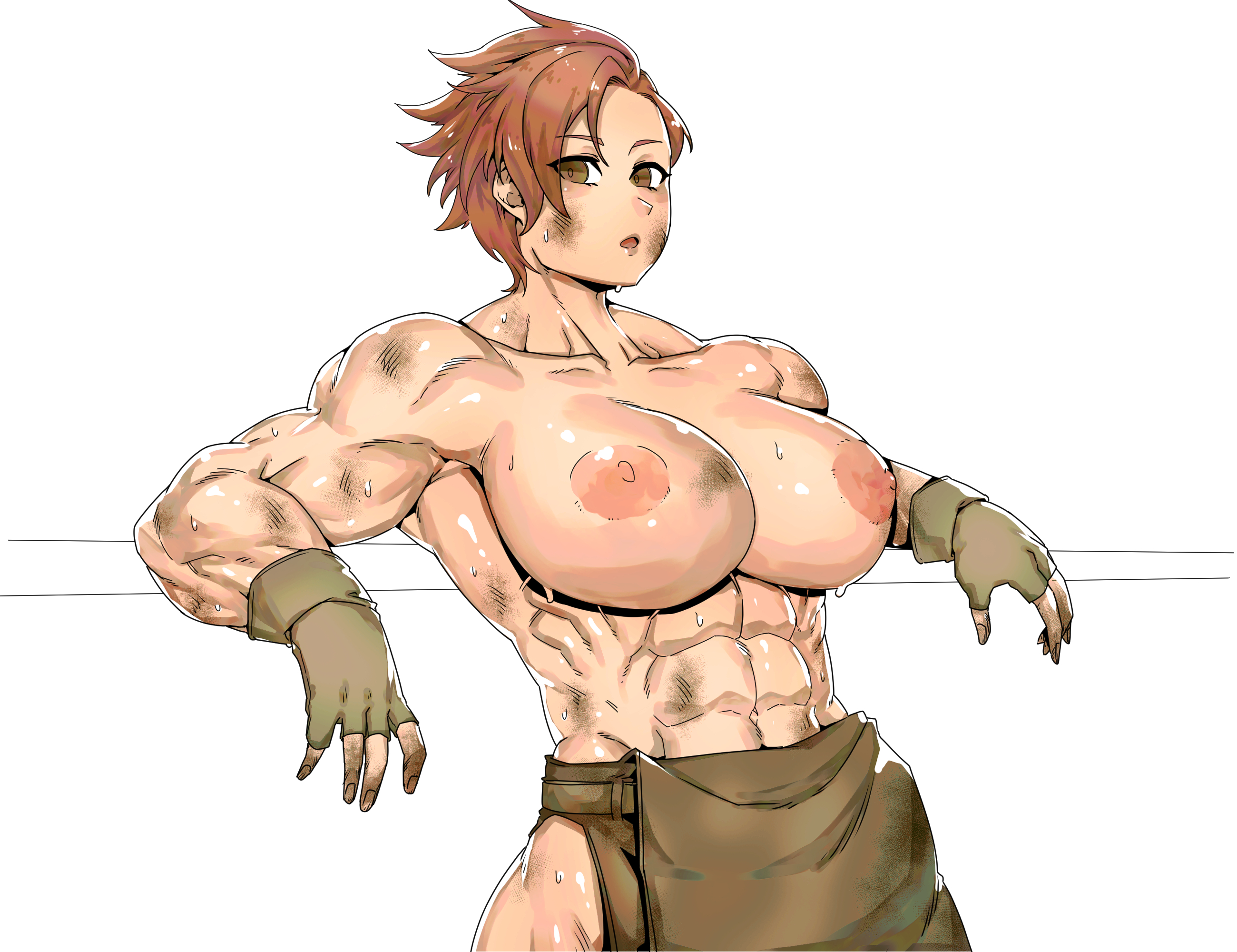 1girls, abs, apron, areolae, blacksmith, brown eyes, brown hair, casual, danganronpa, fanganronpa, female, grease stains, grimwall ingrid, handwear, human, ingrid grimwall, leaning back, light skin, minew, muscular, muscular female, nonsexual, nonsexual nudity, nude, outerwear, pale skin, project: eden's garden, solo, solo female, sweat, topless, white background