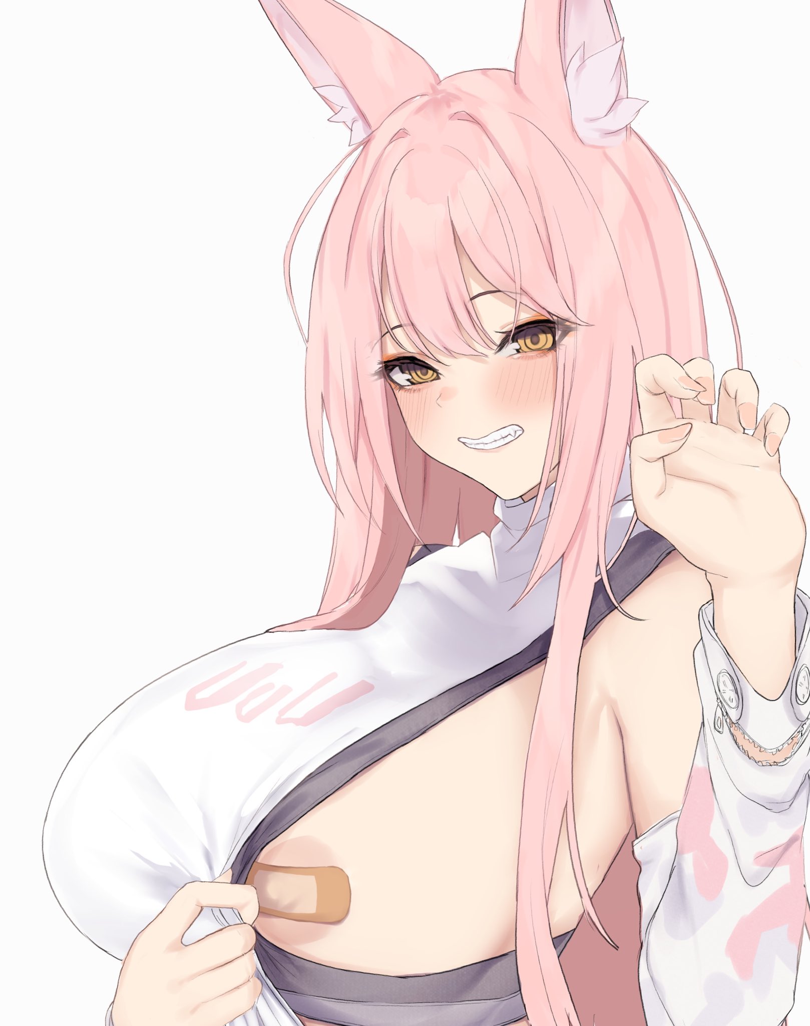 animal ear fluff, animal ears, areola slip, armpit peek, bandaid, bandaids on nipples, breasts, claw pose, clothes pull, commentary request, dera self, detached sleeves, female, goddess of victory: nikke, grin, hair between eyes, hand up, highres, large breasts, leona (nikke), long hair, looking at viewer, pasties, pink hair, pulling own clothes, shirt, shirt pull, sideboob, sideless outfit, sideless shirt, simple background, smile, solo, turtleneck, turtleneck shirt, upper body, white background, white shirt, white sleeves, yellow eyes