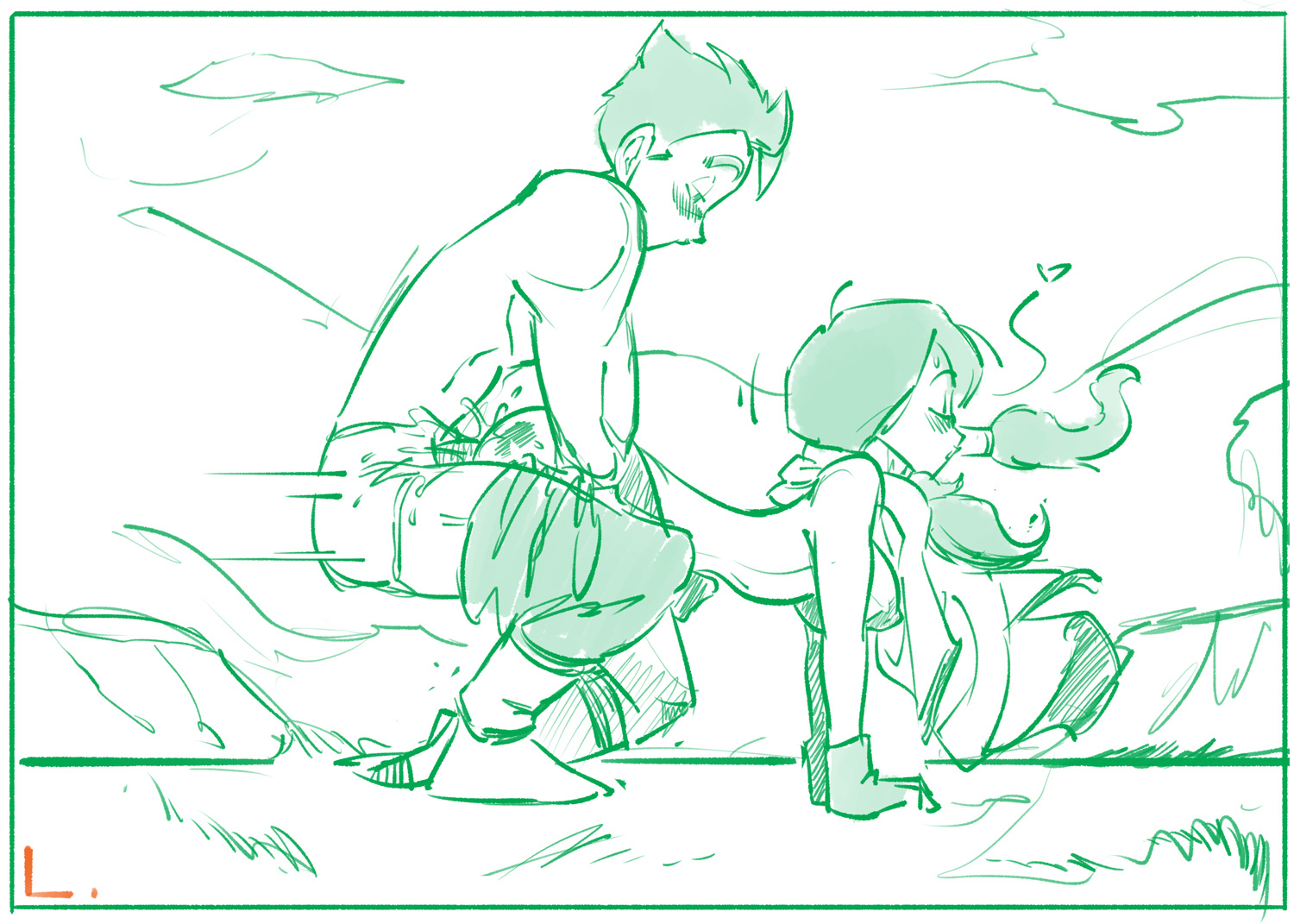 1boy, 1girls, all fours, breasts, doggy style, dragon ball, dragon ball z, female, laz (madefromlazers), male, male penetrating, monochrome, nipples, outdoors, penetration, sex, sketch, son gohan, straight, taken from behind, twintails, videl