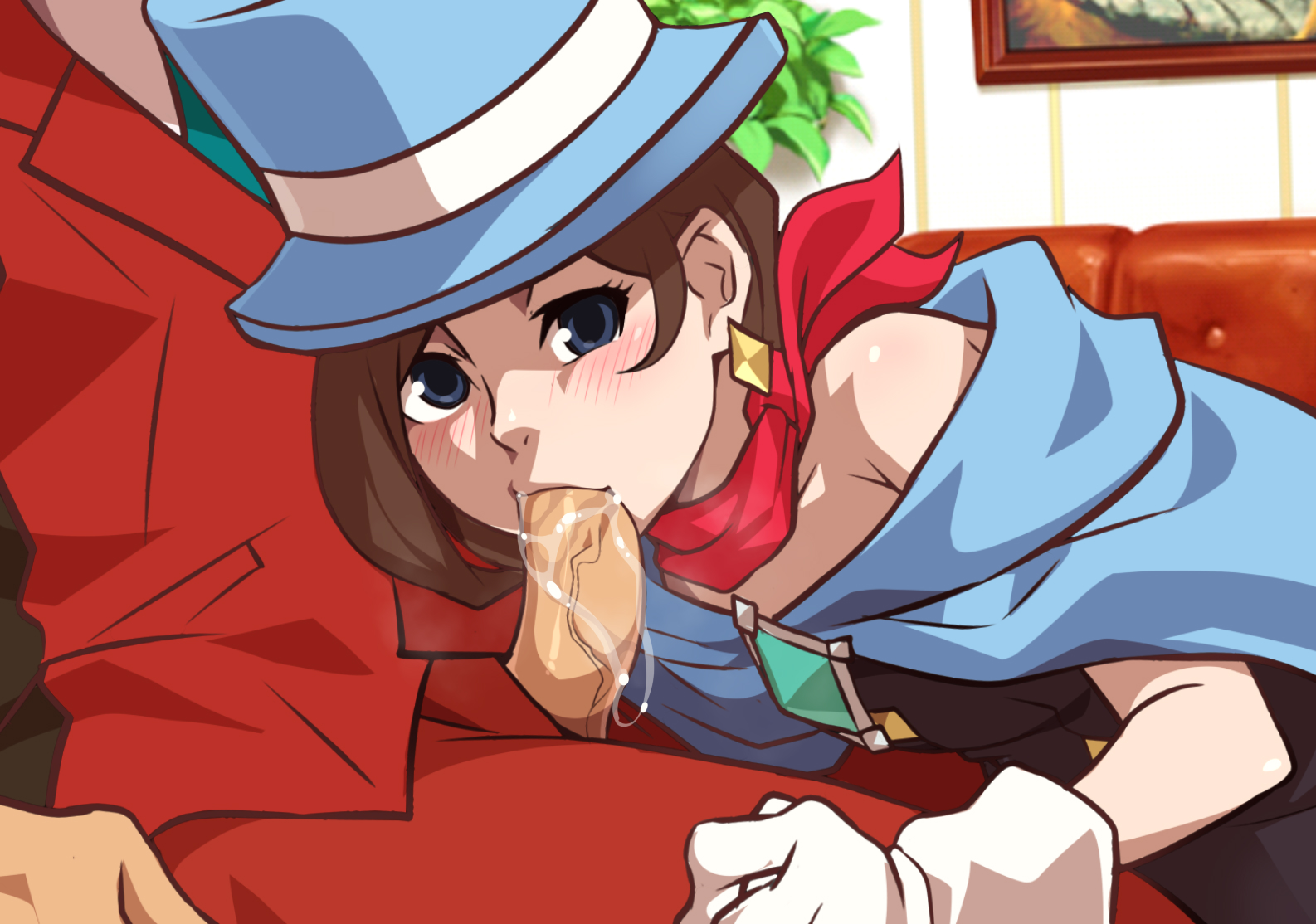 apollo justice, blowjob, brother and sister, brown hair, clothed sex, clothing, dick, drooling on penis, female, gyakuten saiban, incest, jcm2, male, oral, penis, penis in mouth, penis out, red suit, saliva, saliva on penis, scarf, straight, top hat, trucy wright, white gloves