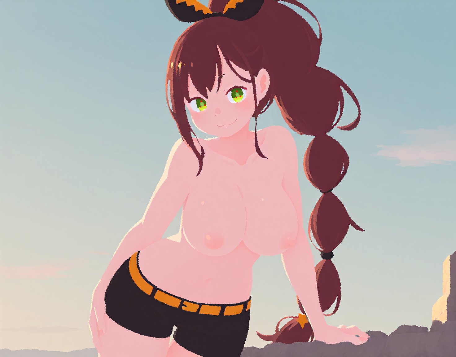 :3, ai assisted, ai generated, belt, black ribbon, black shorts, breasts, brown hair, closed mouth, collarbone, cowboy shot, female, green eyes, hair ornament, hair ribbon, high ponytail, large breasts, long hair, looking at viewer, multiple hair ties, navel, nipples, orange belt, outdoors, ponytail, rawr69, re:zero kara hajimeru isekai seikatsu, ribbon, shaula (re:zero), short shorts, shorts, sky, smile, solo, topless