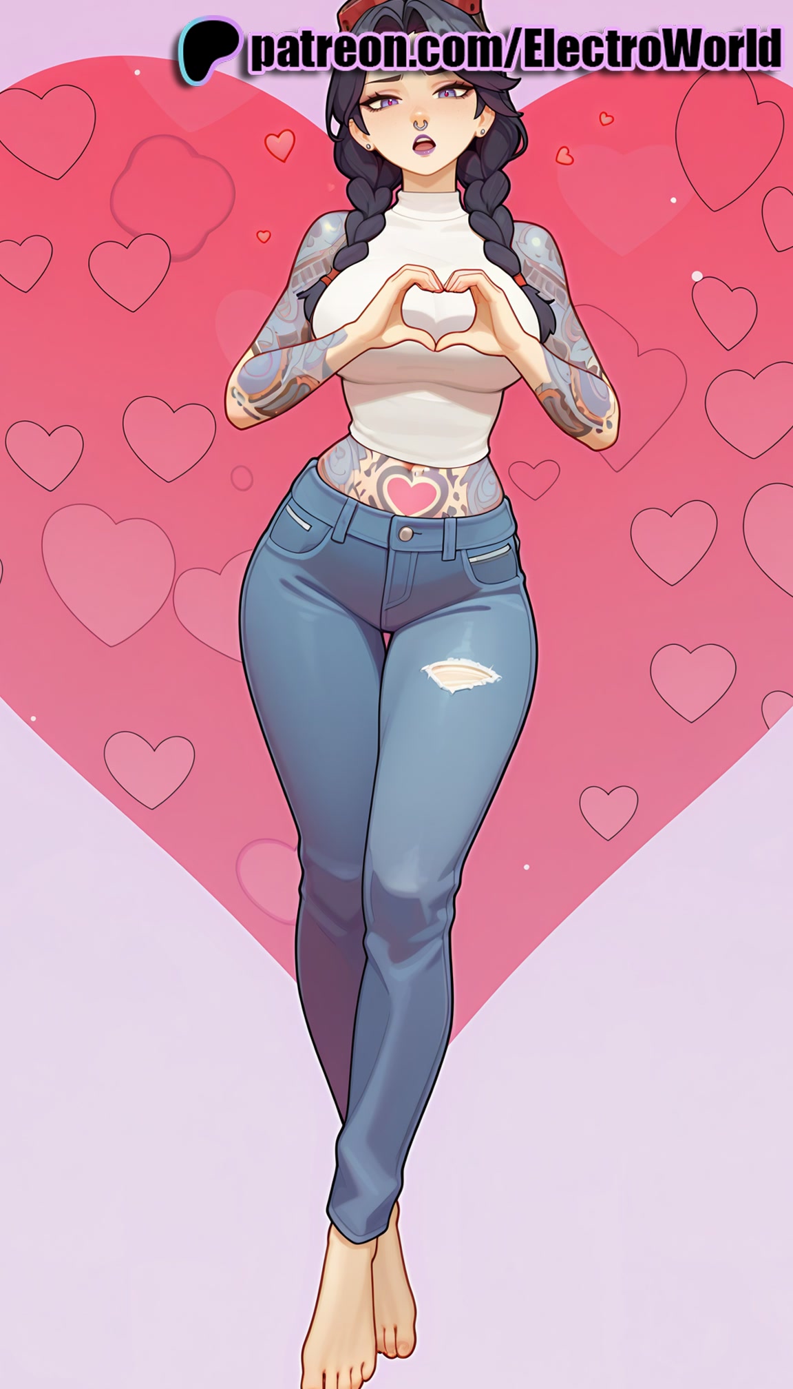 1girls, 2025, ai generated, artist name, barefoot, black hair, braid, denim, electroworld, female, fortnite, hat, heart, heart background, heart hands, heart print, hi res, high quality, high resolution, highres, jeans, jules (fortnite), long hair, pants, patreon, patreon username, pink background, solo, stable diffusion, torn clothes, torn jeans, torn pants, twin braids, watermark