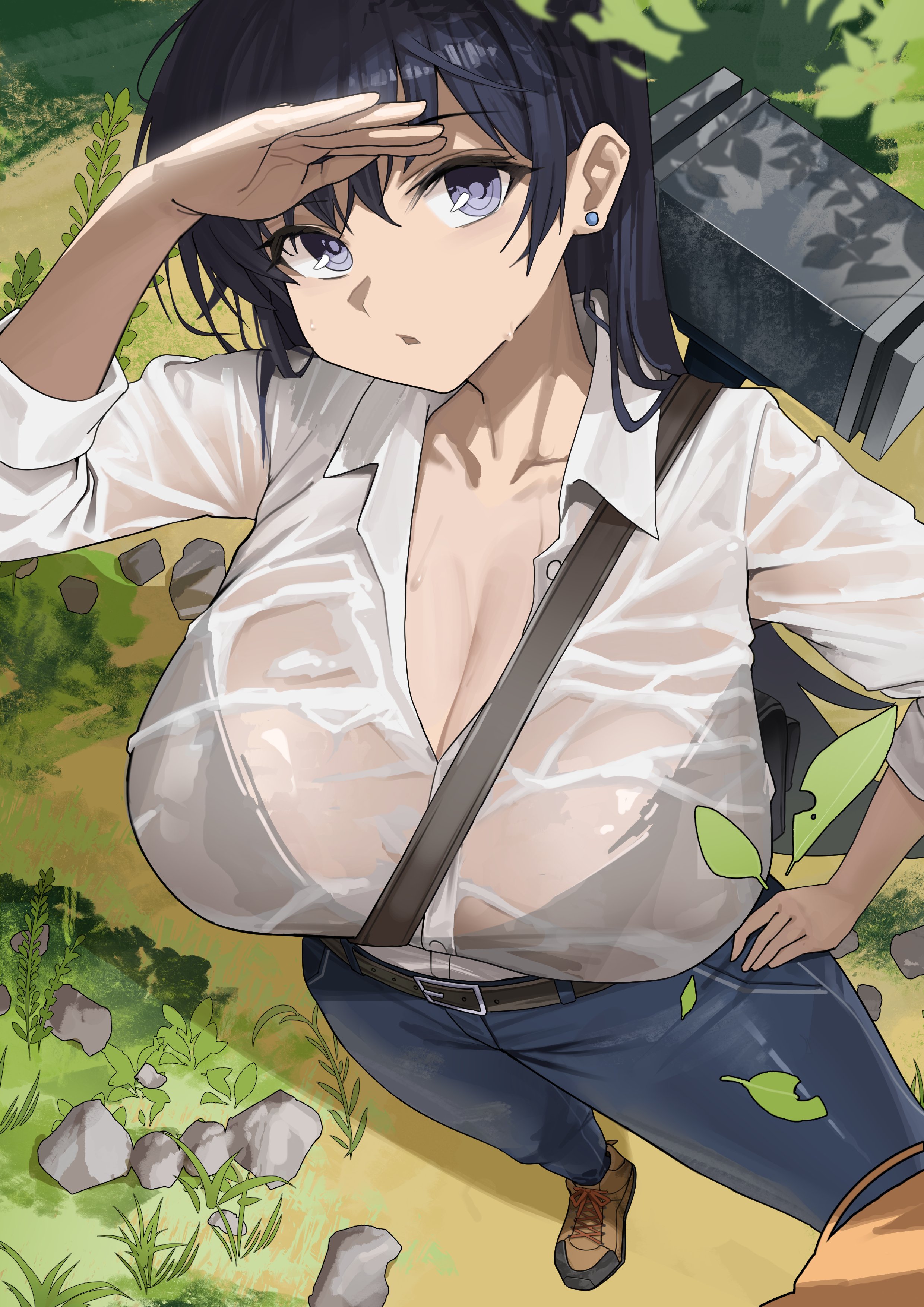 1girls, absurdres, ankle boots, arato nagi, belt, black belt, black bra, black hair, blue eyes, boots, bra, bra visible through clothes, breasts, brown boots, cleavage, collared shirt, commentary, denim, earrings, english commentary, female, from above, fully clothed, hammer, hand on own hip, highres, huge breasts, jeans, jewelry, large breasts, light-skinned female, long black hair, long hair, mutsuru (omotta yori), open mouth, outdoors, pants, rock, ruri no houseki, see-through, see-through clothes, see-through clothing, see-through shirt, shirt, solo, solo female, solo focus, stud earrings, sweat, sweaty, sweaty body, top down view, voluptuous, voluptuous female, wet, wet clothes, wet shirt, white shirt
