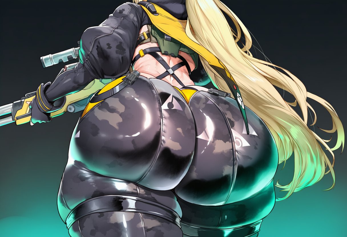1girls, ai generated, ass, ass focus, black background, blonde hair, close-up, female, female only, from behind, huge ass, light-skinned female, long hair, manicmode, solo, thick thighs, thighs, trigger (zenless zone zero), weapon, zenless zone zero