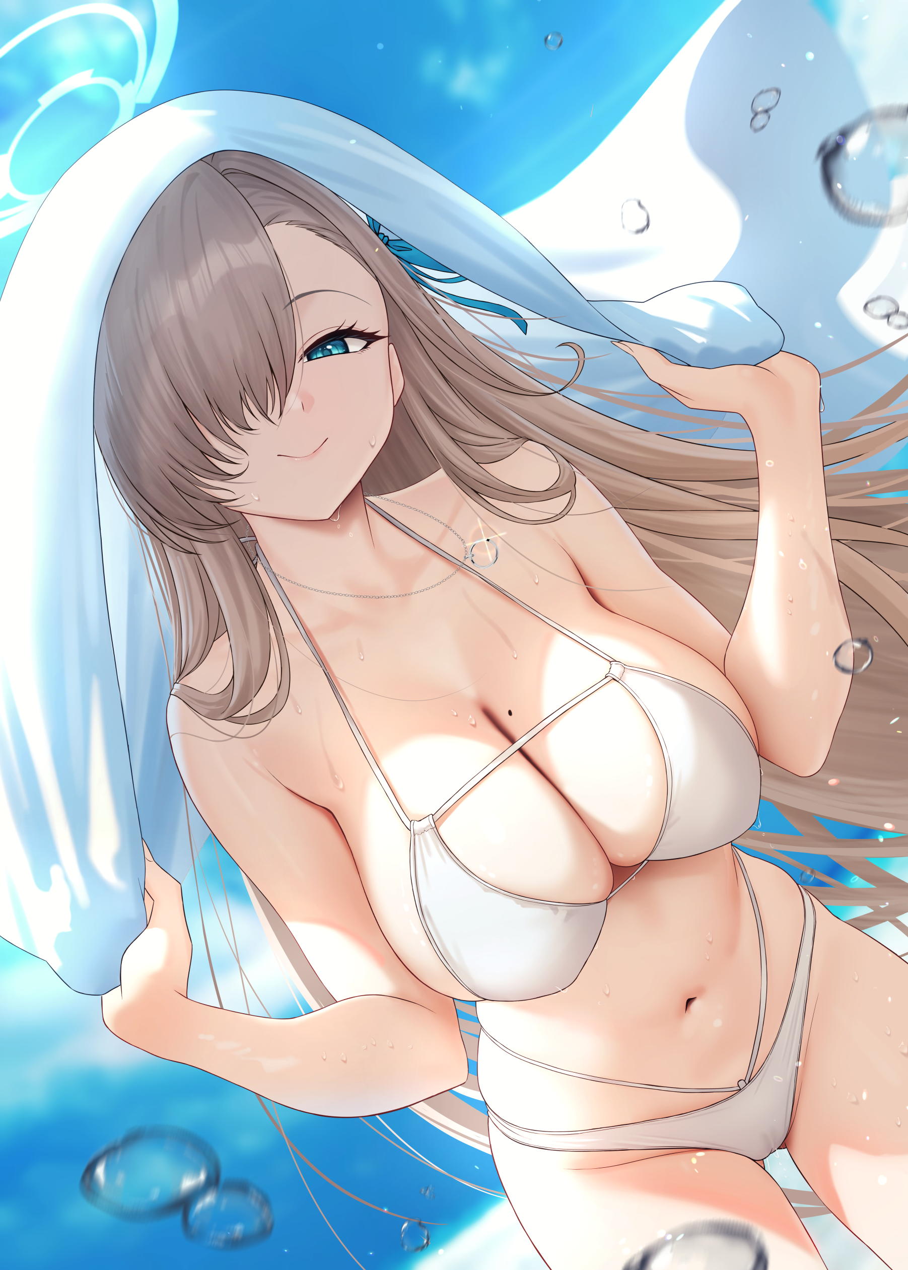 absurdres, asuna (blue archive), bikini, blonde hair, blue archive, blue eyes, blue ribbon, blush, breasts, brown hair, cleavage, closed mouth, collarbone, day, female, hair over one eye, hair ribbon, highres, jewelry, large breasts, long hair, looking at viewer, mole, mole on breast, navel, necklace, one eye covered, outdoors, ribbon, smile, solar (happymonk), stomach, swimsuit, water drop, white bikini
