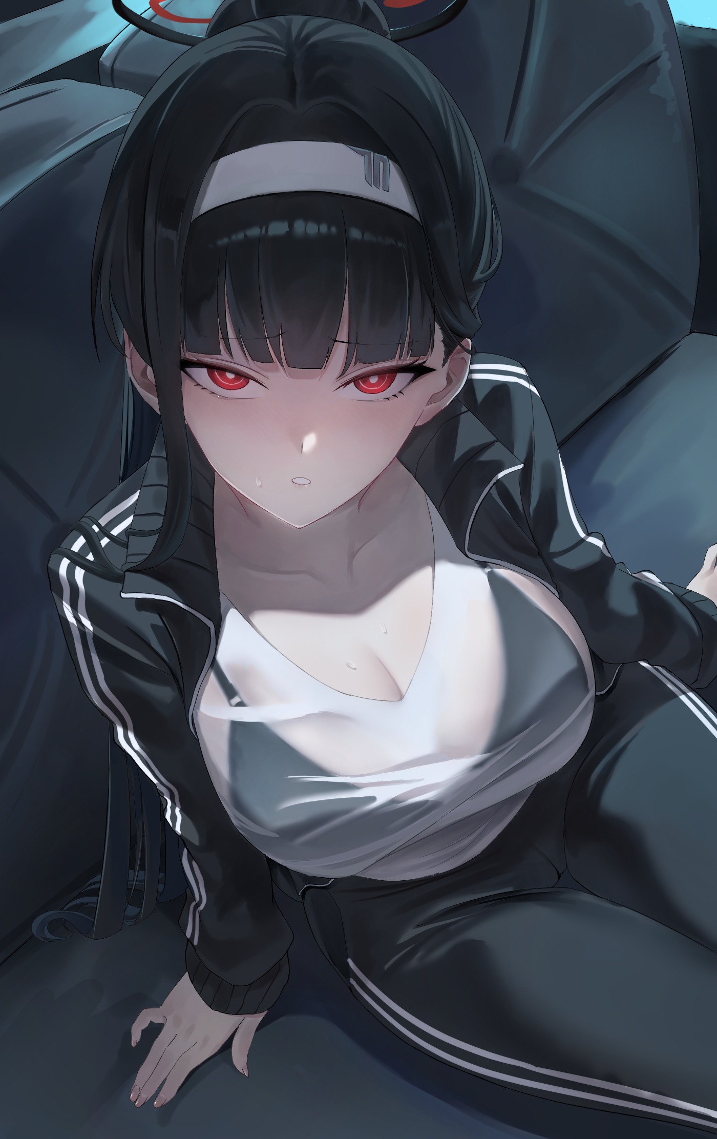 alternate costume, black bra, black hair, black halo, black jacket, black pants, blue archive, bra, bra visible through clothes, breasts, bright pupils, cleavage, collarbone, commentary request, female, female only, from above, hairband, halo, haoma, highres, jacket, large breasts, light blush, long hair, looking at viewer, open clothes, open jacket, pants, parted lips, ponytail, red eyes, ringed eyes, rio (blue archive), see-through clothes, see-through shirt, shirt, sitting, solo, teeth, track jacket, track pants, track suit, underwear, white hairband, white pupils, white shirt