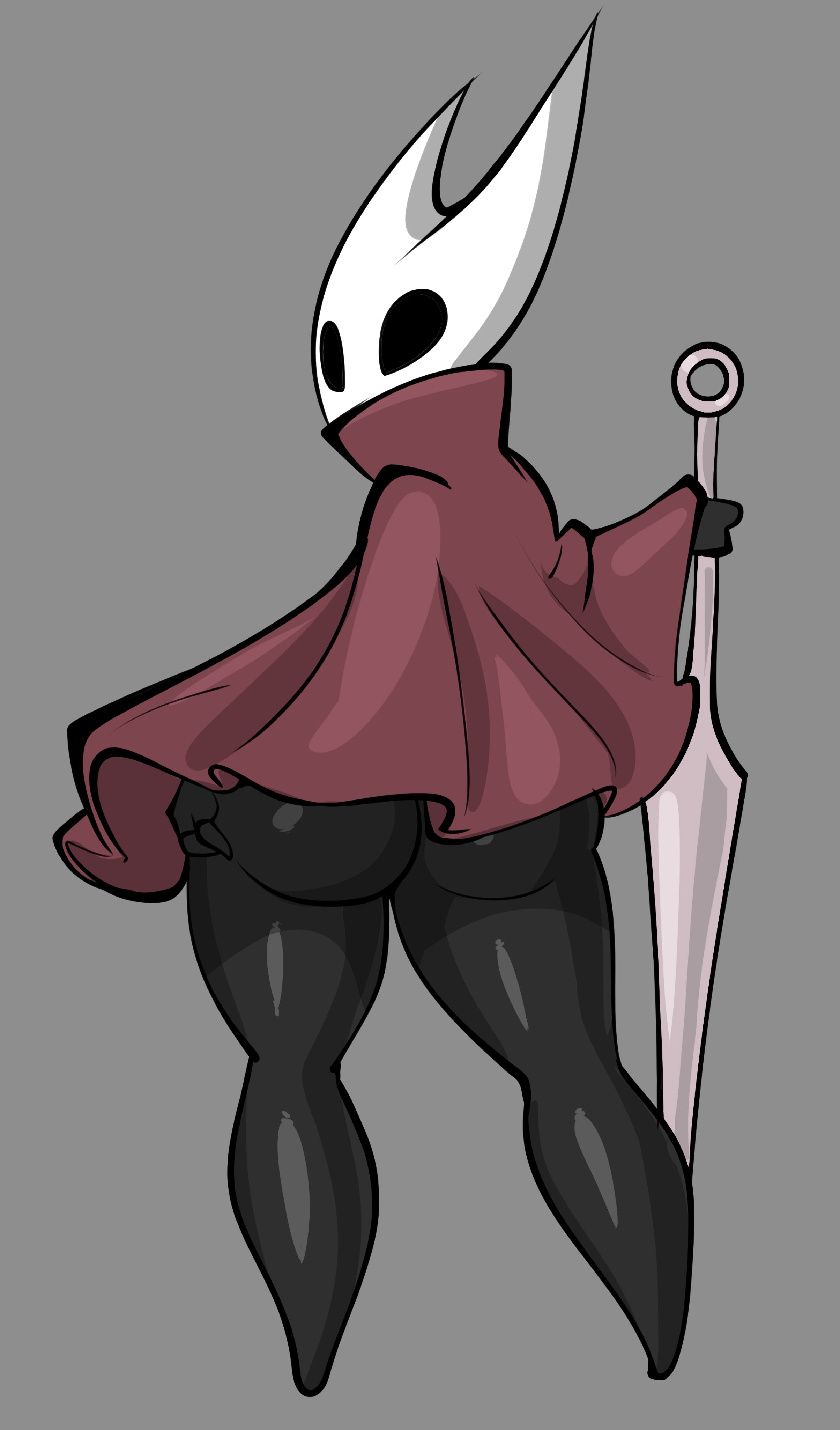 1girls, 2 horns, black body, cape, fat ass, female, hollow knight, hornet (hollow knight), insect girl, insects, jek korpen, mask, simple background, sword, thick thighs, thighs, weapon