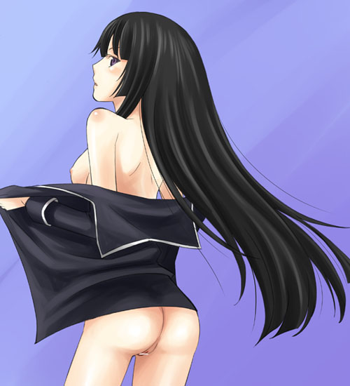 bangs bare_shoulders black_hair blunt_bangs bottomless breasts censored female female_only from_behind ga-rei ga-rei_zero hime_cut human human_only isayama_yomi long_hair looking_back miyanogijiji nipples no_bra open_clothes open_shirt purple_eyes pussy shirt solo undressing