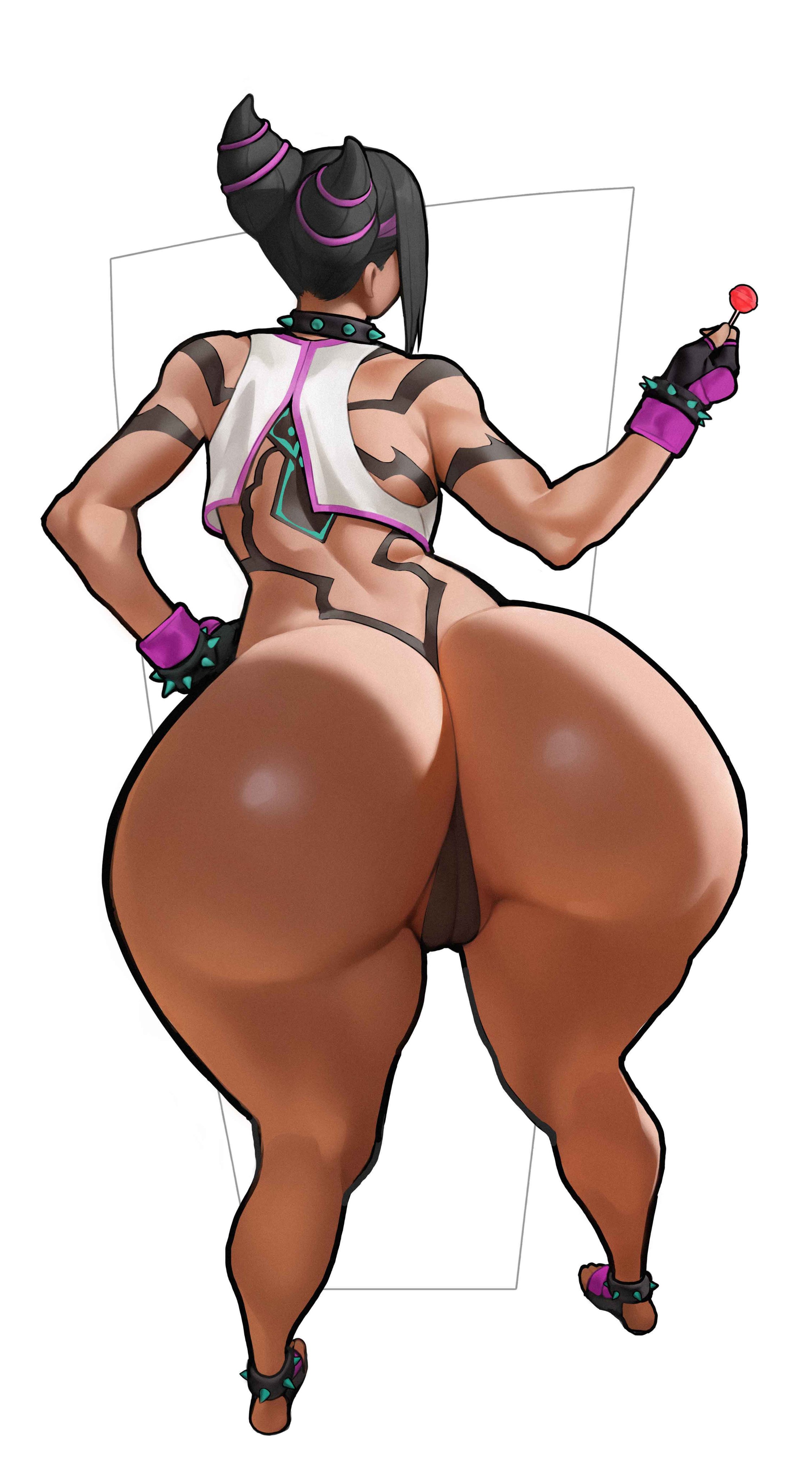 1girls, 2d, 2d (artwork), ass, ass focus, bent over, big ass, black hair, body tape, bottom heavy, bubble butt, fat ass, female, female only, gluteal fold, hand on hip, huge ass, juri han, large ass, lollipop, massive ass, solo, spiralnoww, street fighter, thick ass, thick thighs, thunder thighs, wide hips