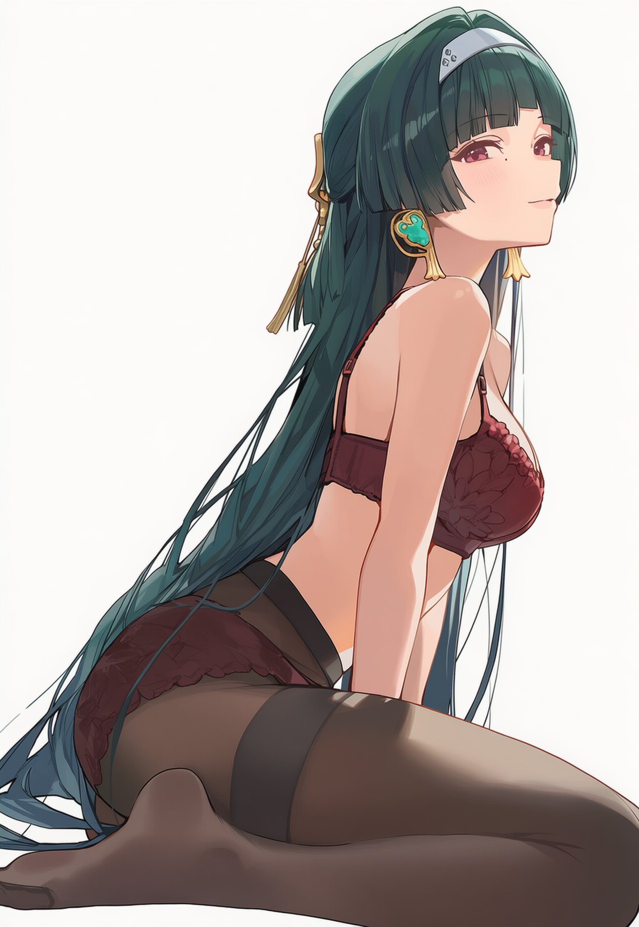 1girls, astra yao, black body, brown pantyhose, female, hitotsu boshi, hoyoverse, lingerie, long hair, mihoyo, pantyhose, red eyes, red lingerie, zenless zone zero