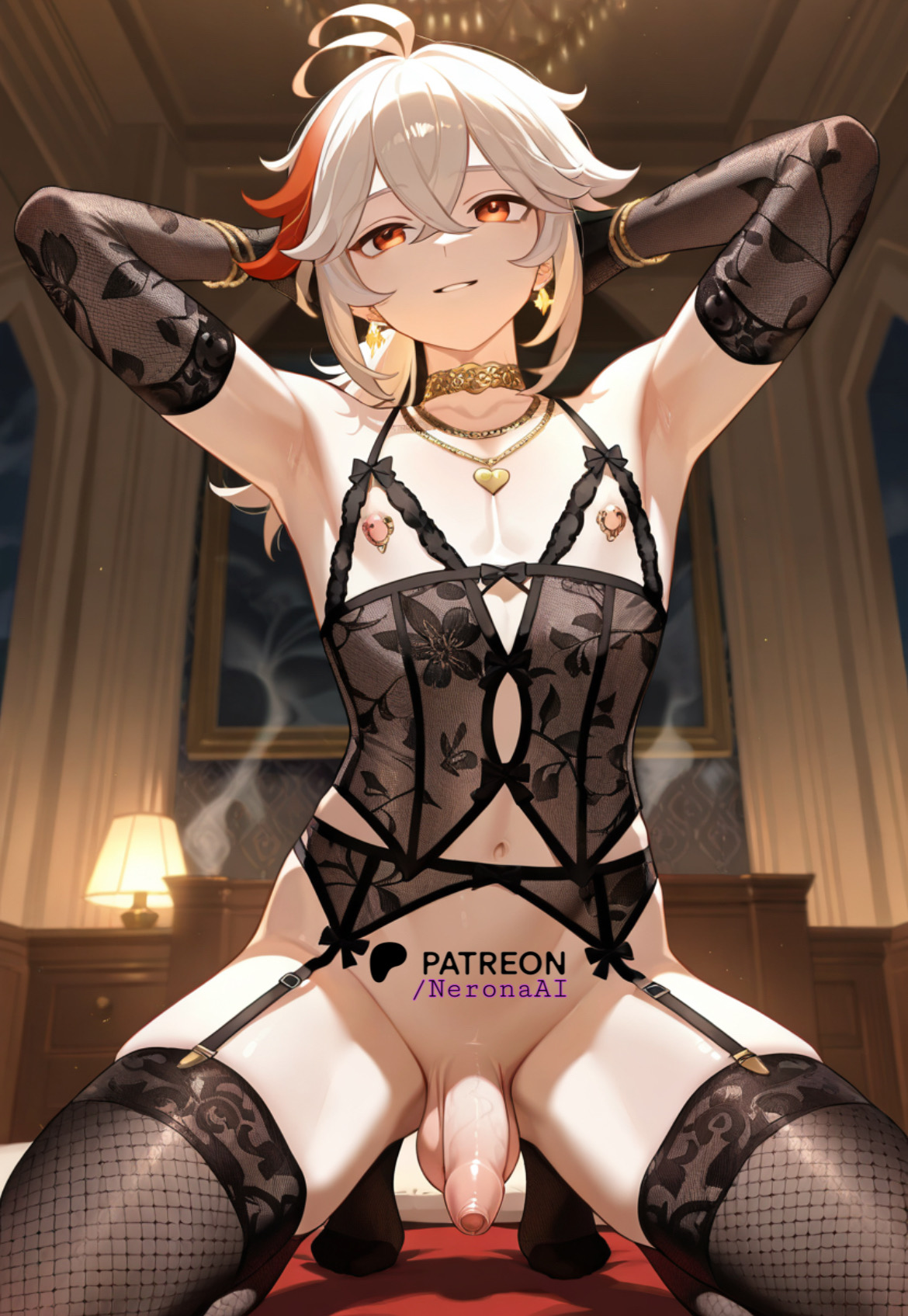 1boy, ai, ai assisted, ai generated, armpits, arms behind head, femboy, feminine male, flaccid, genshin impact, kaedehara kazuha, light-skinned male, lingerie, male, male only, neronaai, penis, smile, solo